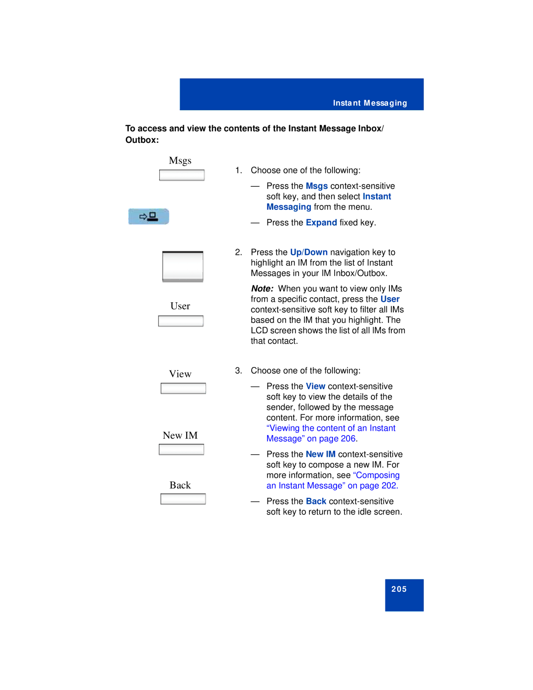 Avaya NN43113-101 manual Msgs User, View New IM Back 