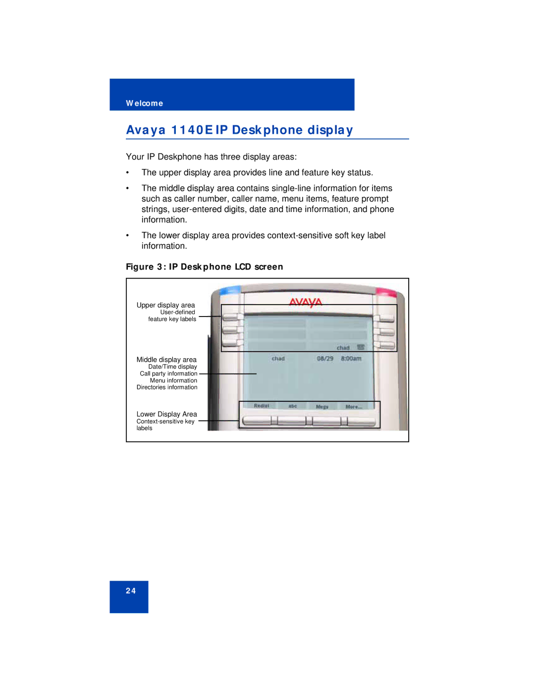 Avaya NN43113-101 manual Avaya 1140E IP Deskphone display, IP Deskphone LCD screen 