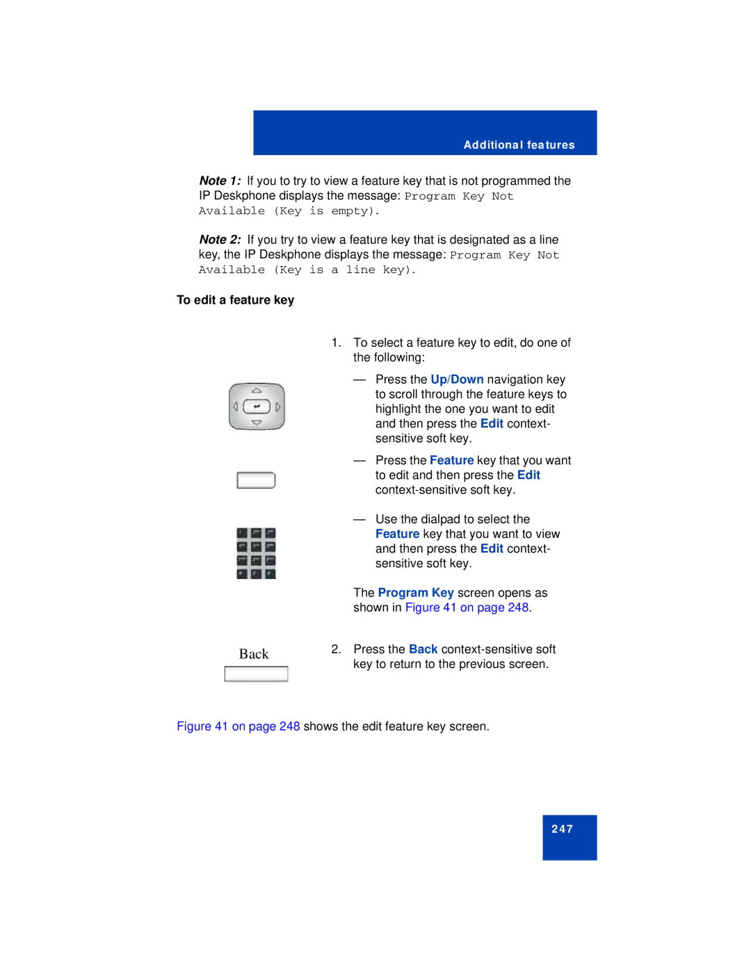 Avaya NN43113-101 manual To edit a feature key, On page 248 shows the edit feature key screen 