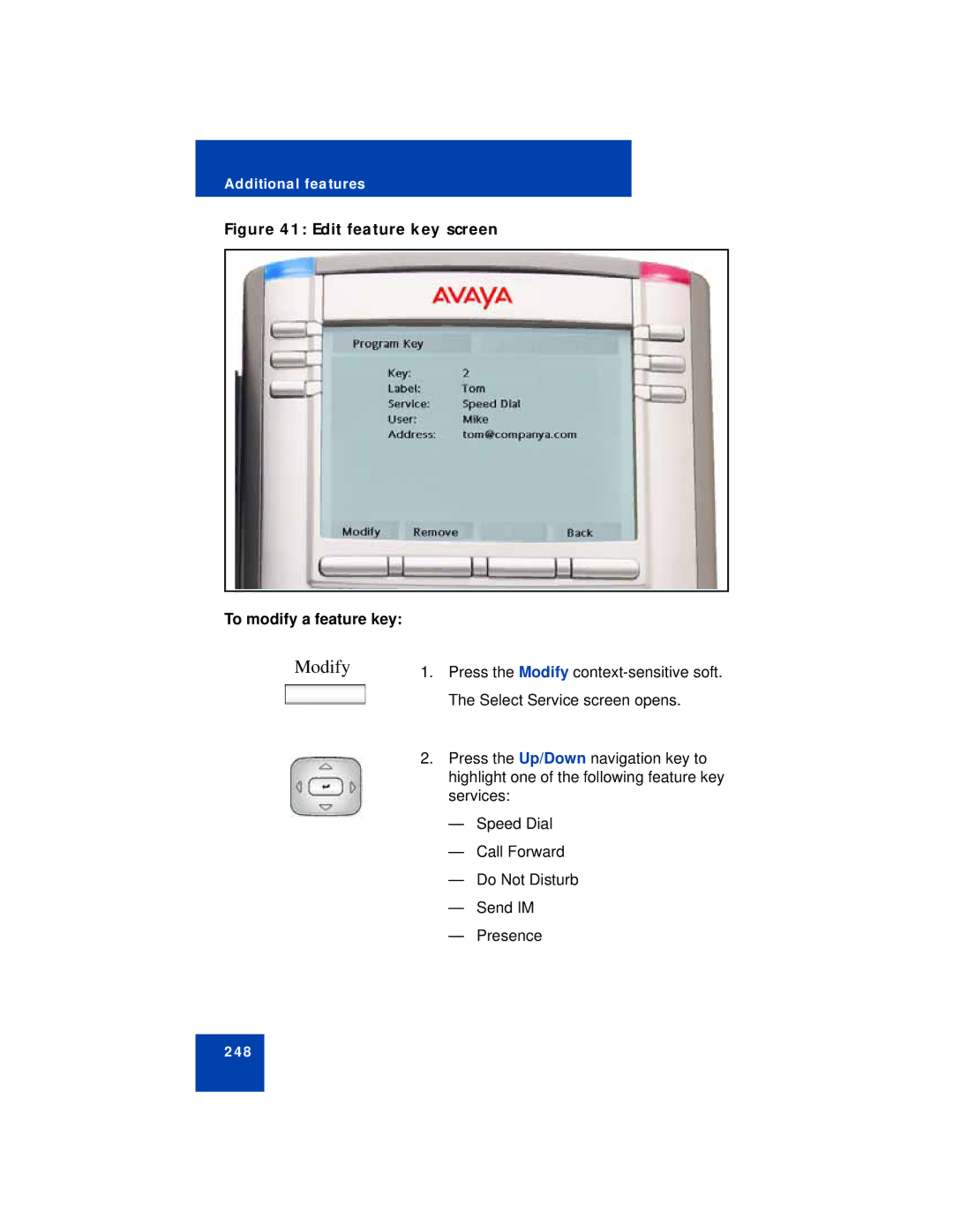 Avaya NN43113-101 manual Modify, Edit feature key screen To modify a feature key 