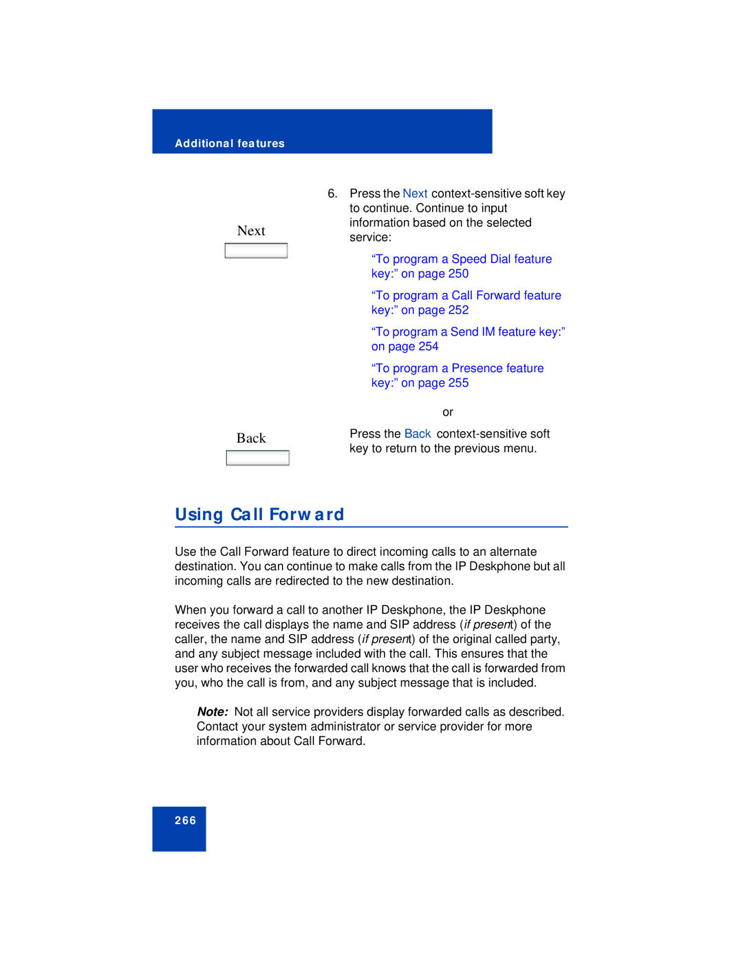 Avaya NN43113-101 manual Using Call Forward, Next Back 