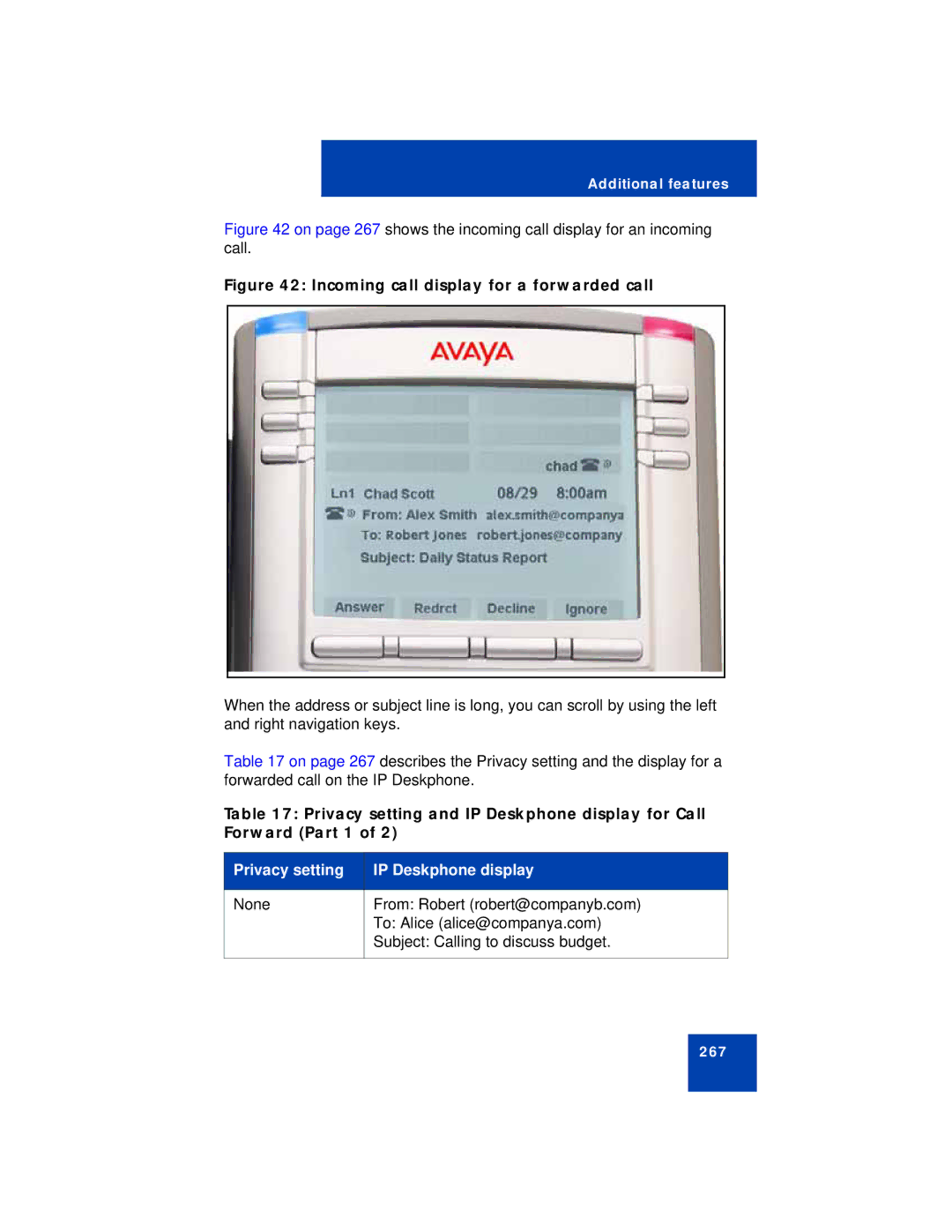 Avaya NN43113-101 manual Incoming call display for a forwarded call, Privacy setting IP Deskphone display 