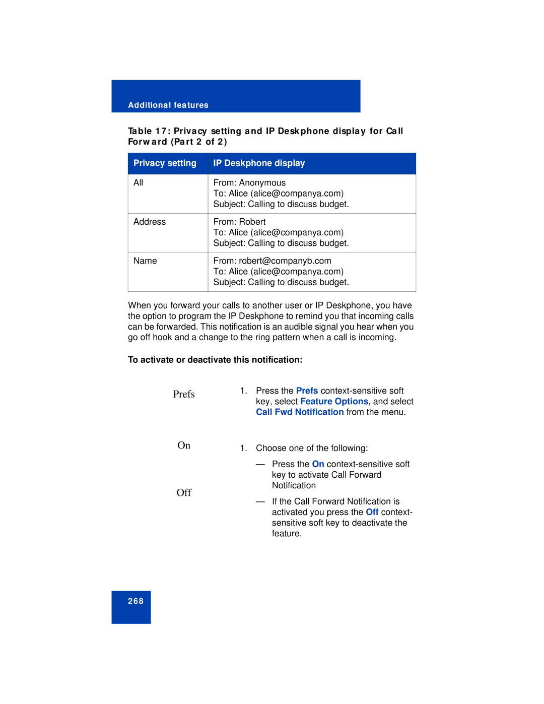 Avaya NN43113-101 manual Prefs Off, To activate or deactivate this notification 