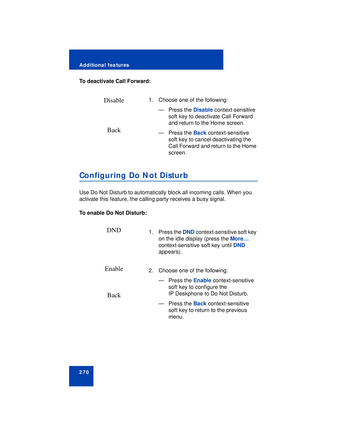 Avaya NN43113-101 Configuring Do Not Disturb, Disable, Enable Back, To deactivate Call Forward, To enable Do Not Disturb 