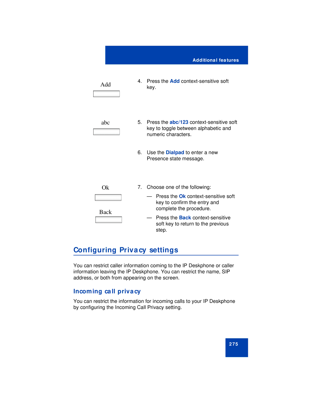 Avaya NN43113-101 manual Configuring Privacy settings, Add Abc Back, Incoming call privacy 