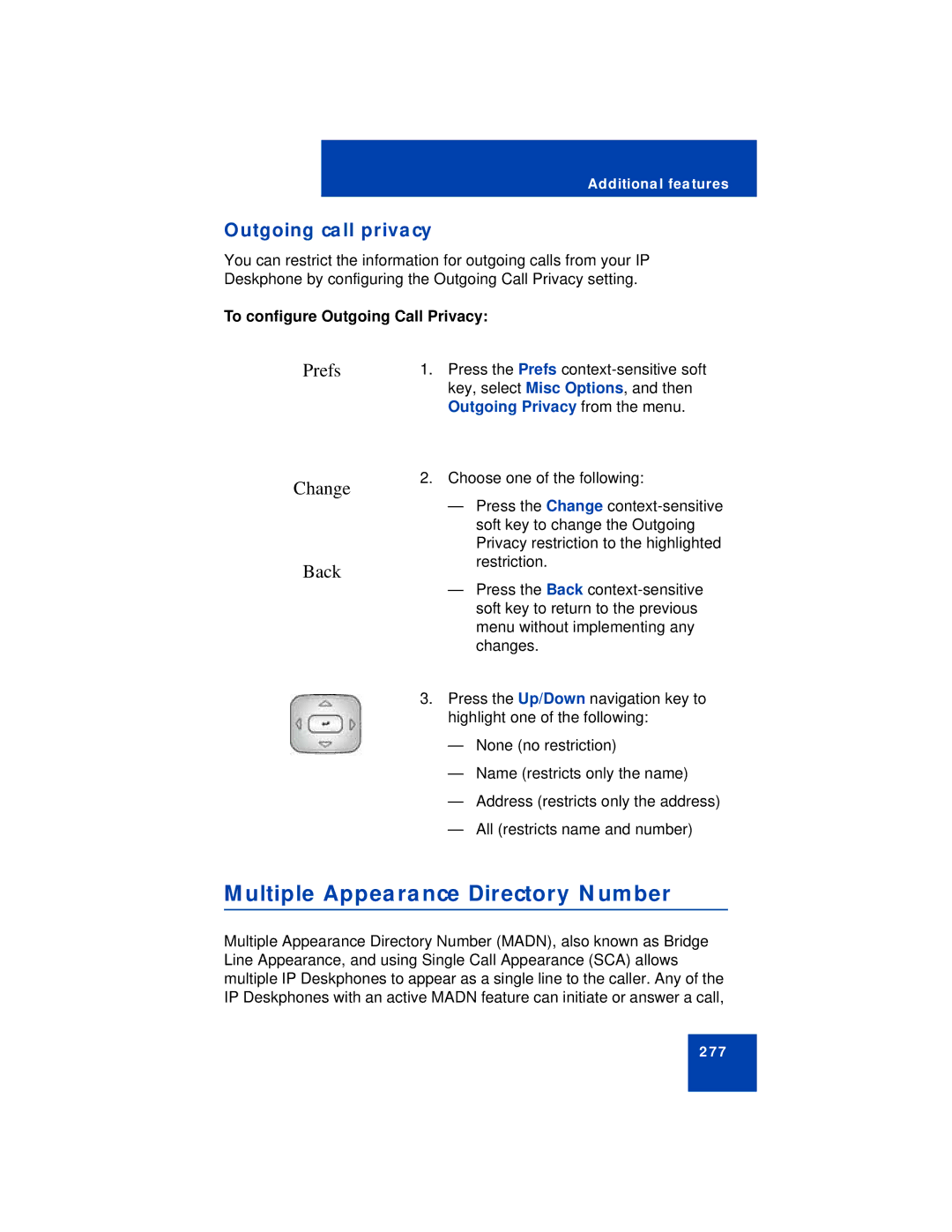 Avaya NN43113-101 manual Multiple Appearance Directory Number, Outgoing call privacy, Prefs Change Back 