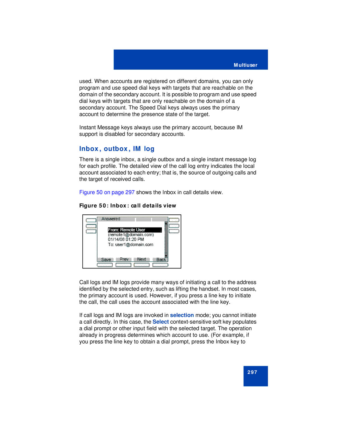 Avaya NN43113-101 manual Inbox, outbox, IM log, Inbox call details view 