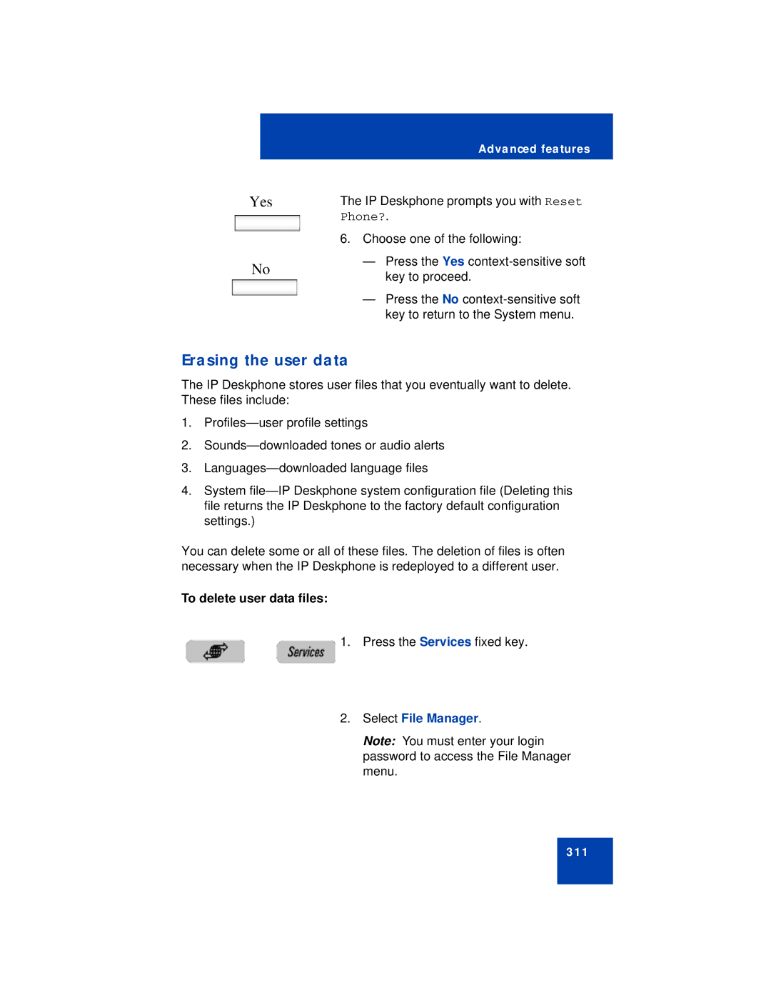 Avaya NN43113-101 manual Erasing the user data, To delete user data files 