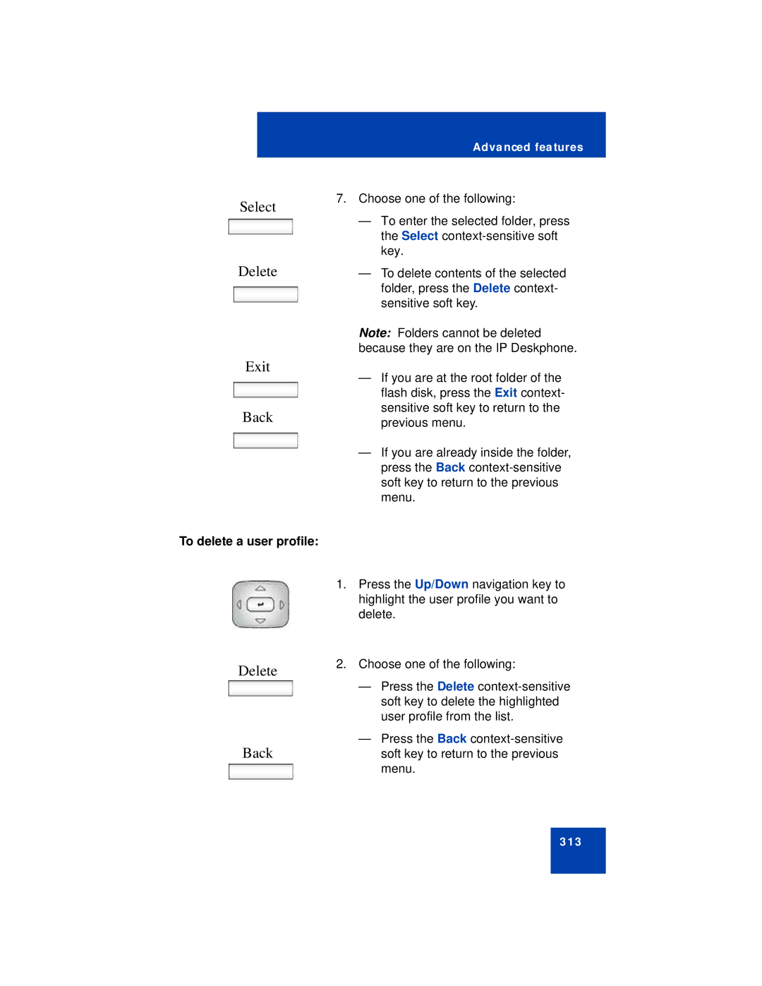 Avaya NN43113-101 manual Select Delete, Exit Back, To delete a user profile 