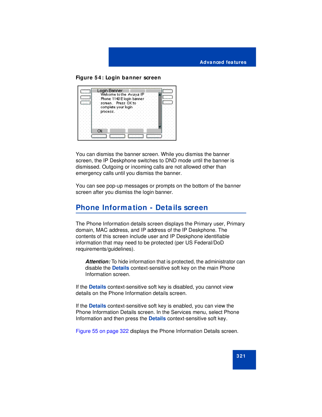 Avaya NN43113-101 manual Phone Information Details screen, Login banner screen 