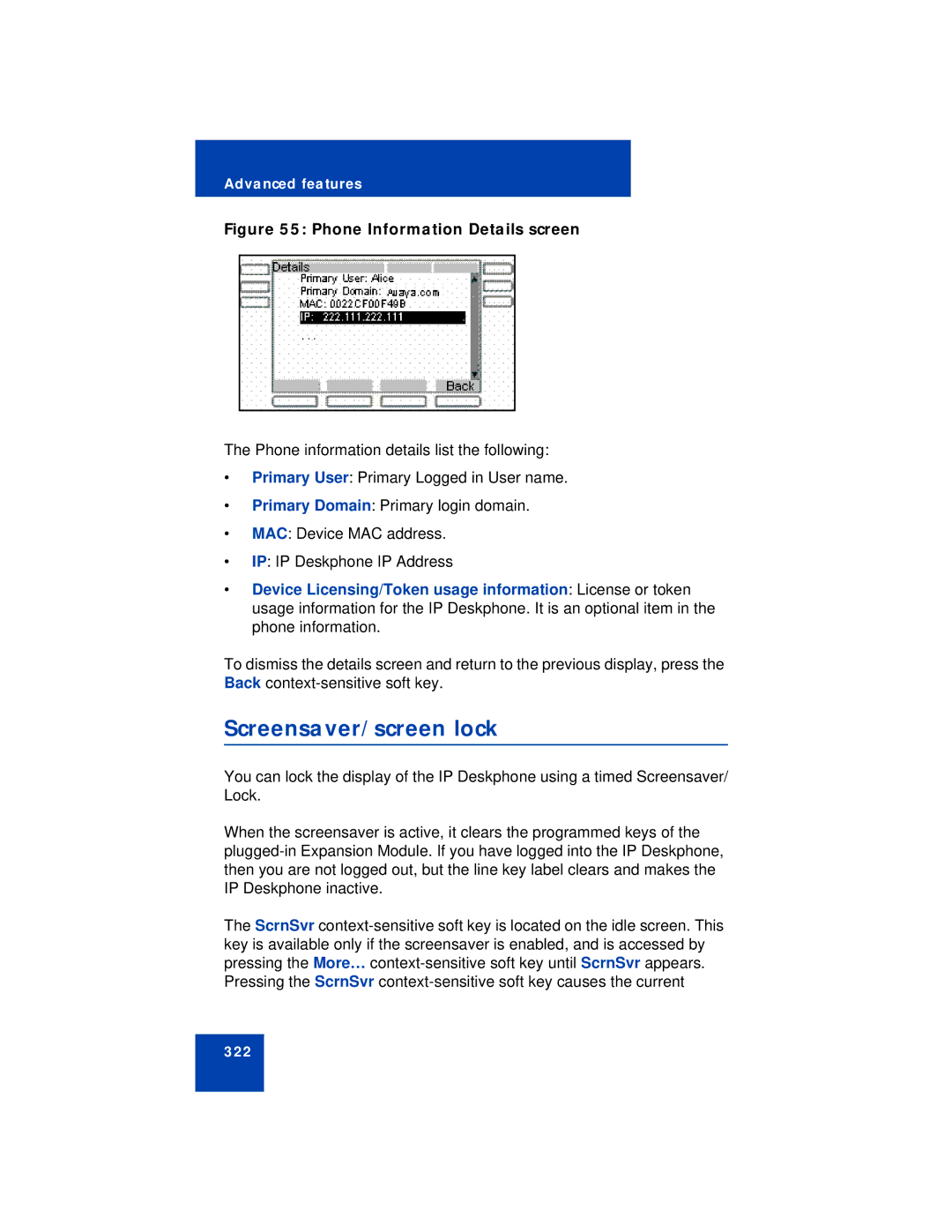 Avaya NN43113-101 manual Screensaver/screen lock, Phone Information Details screen 