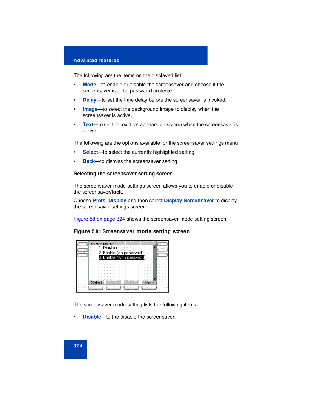 Avaya NN43113-101 manual Selecting the screensaver setting screen, Screensaver mode setting screen 