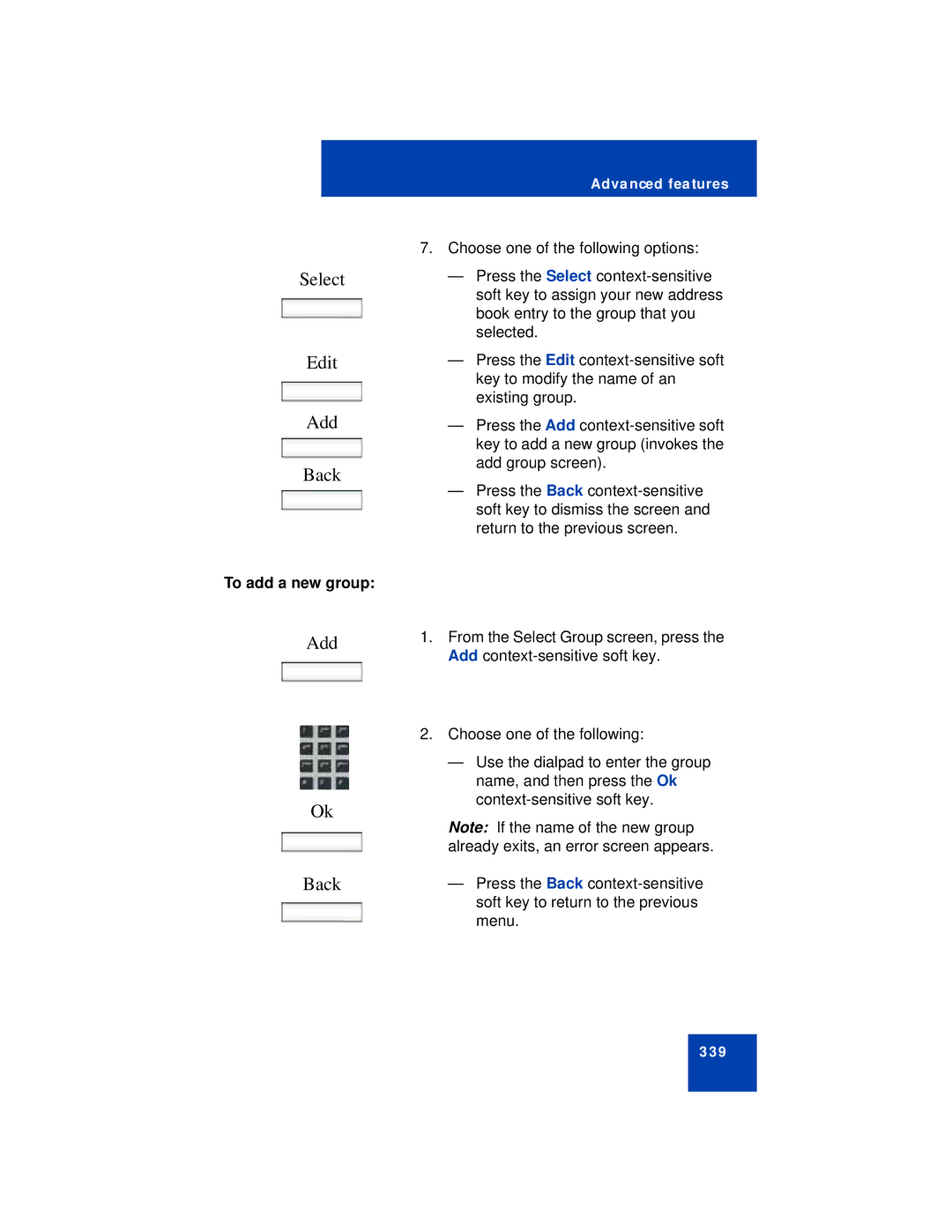 Avaya NN43113-101 manual Select Edit Add Back, To add a new group 
