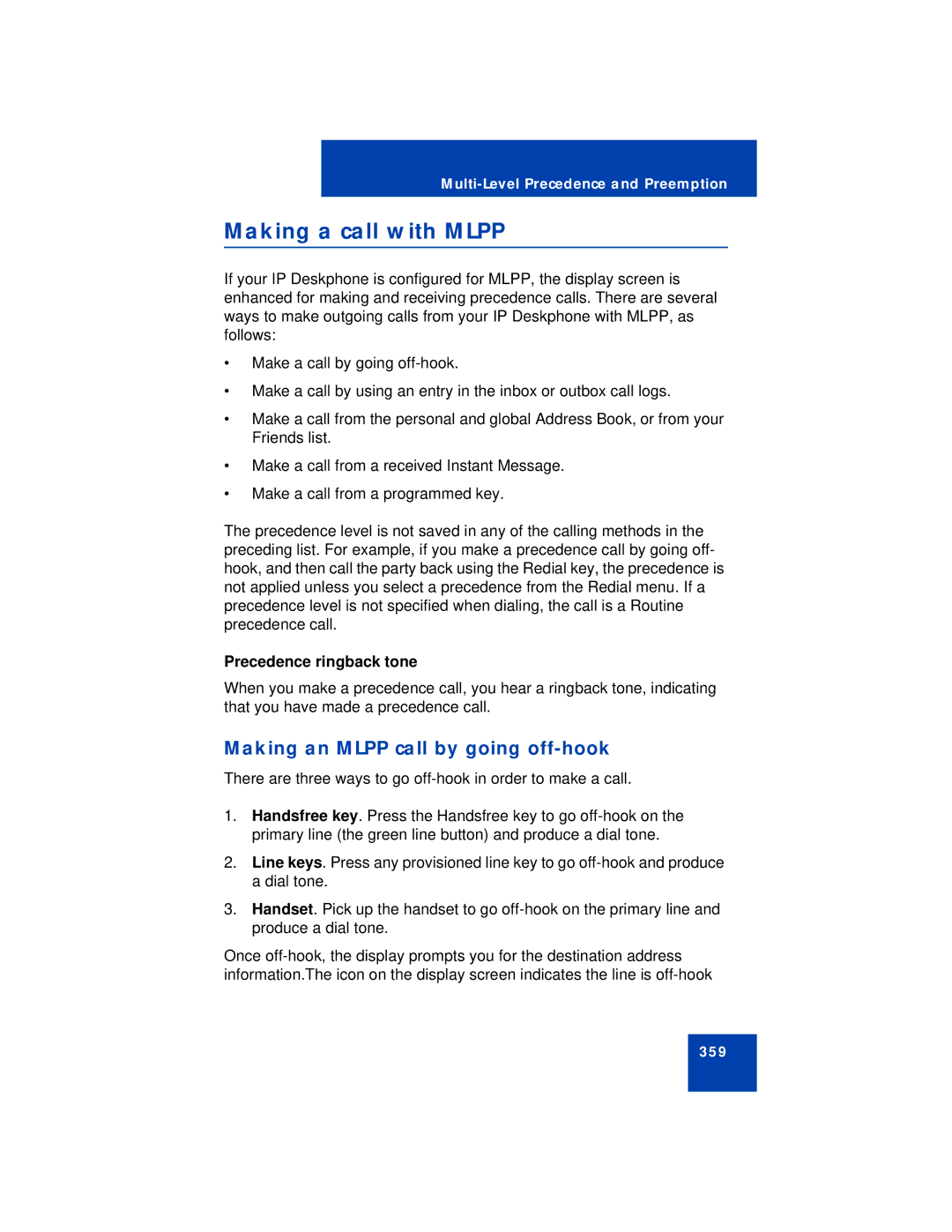 Avaya NN43113-101 manual Making a call with Mlpp, Making an Mlpp call by going off-hook, Precedence ringback tone 