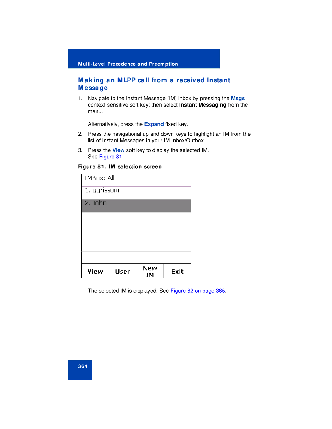 Avaya NN43113-101 manual Making an Mlpp call from a received Instant Message, IM selection screen 