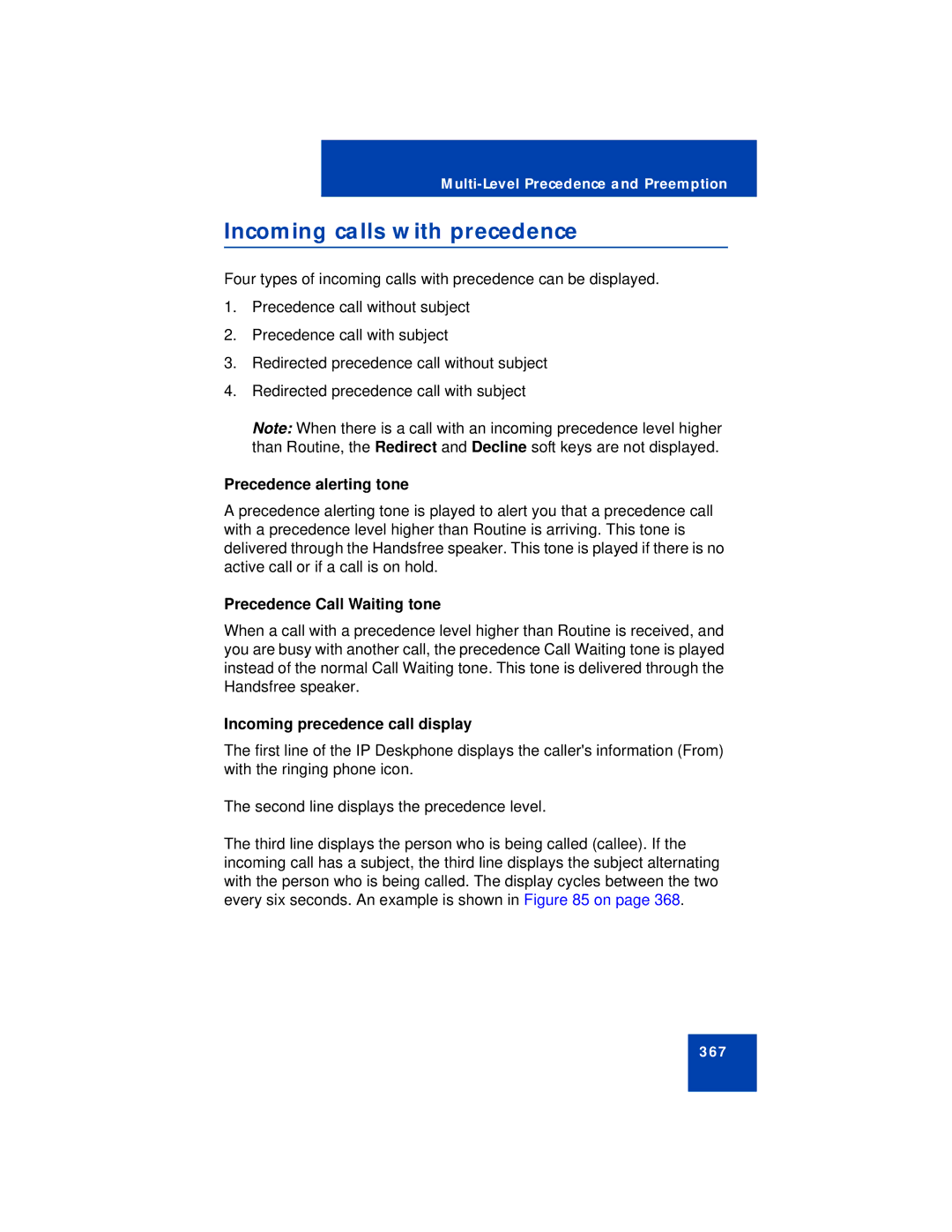 Avaya NN43113-101 manual Incoming calls with precedence, Precedence alerting tone, Precedence Call Waiting tone 