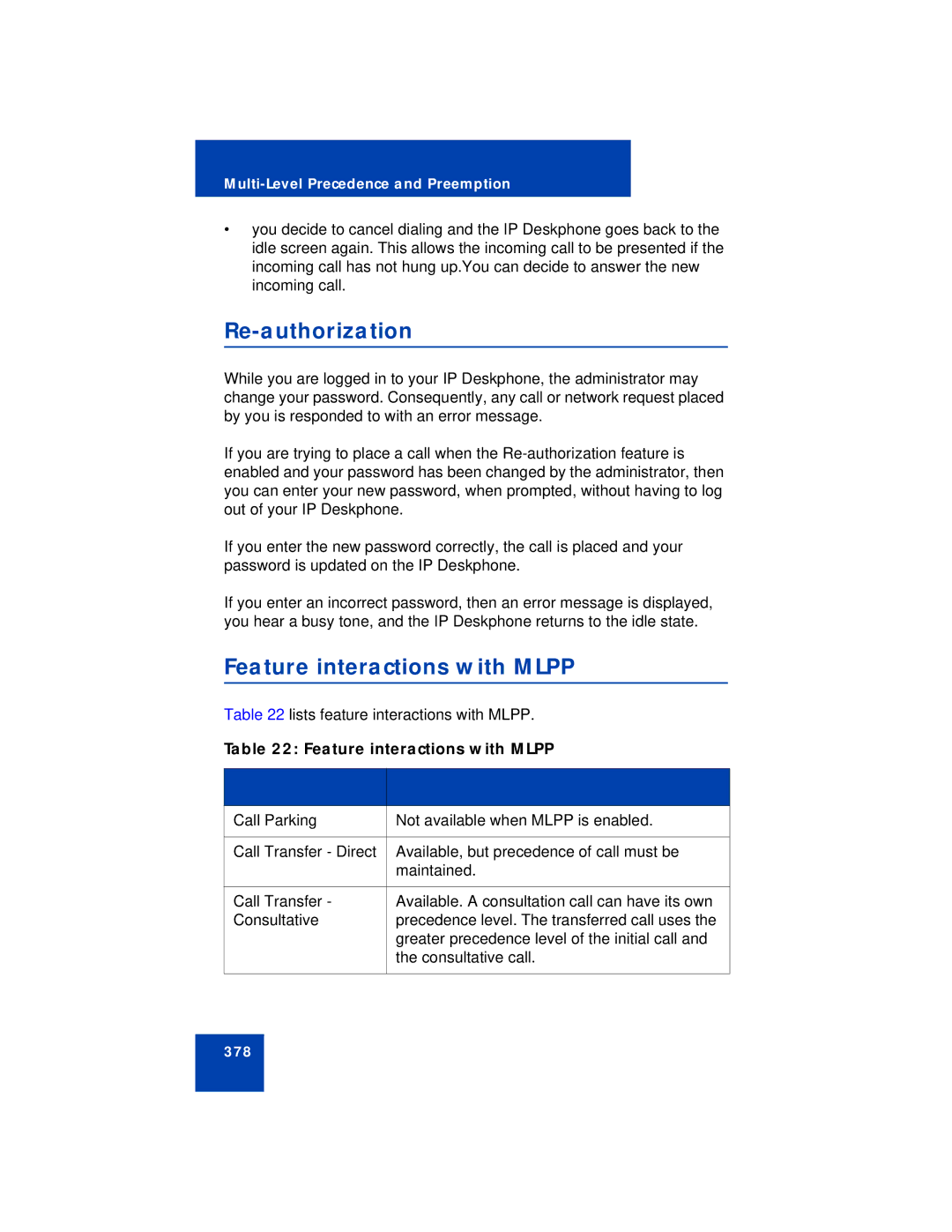 Avaya NN43113-101 manual Re-authorization, Feature interactions with Mlpp 