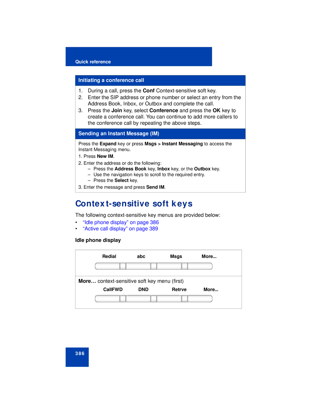 Avaya NN43113-101 manual Initiating a conference call, Sending an Instant Message IM, Idle phone display 