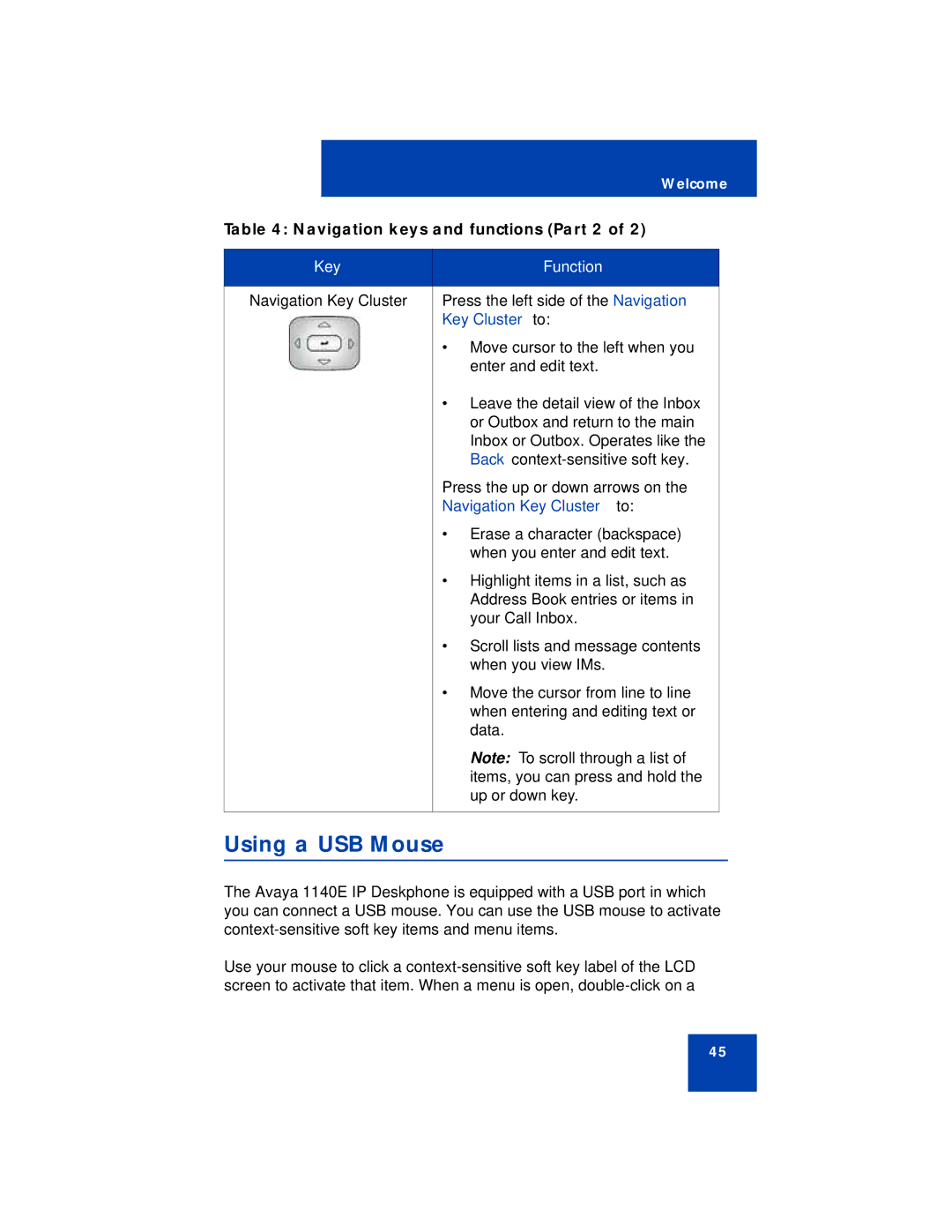 Avaya NN43113-101 manual Using a USB Mouse, Navigation keys and functions Part 2 