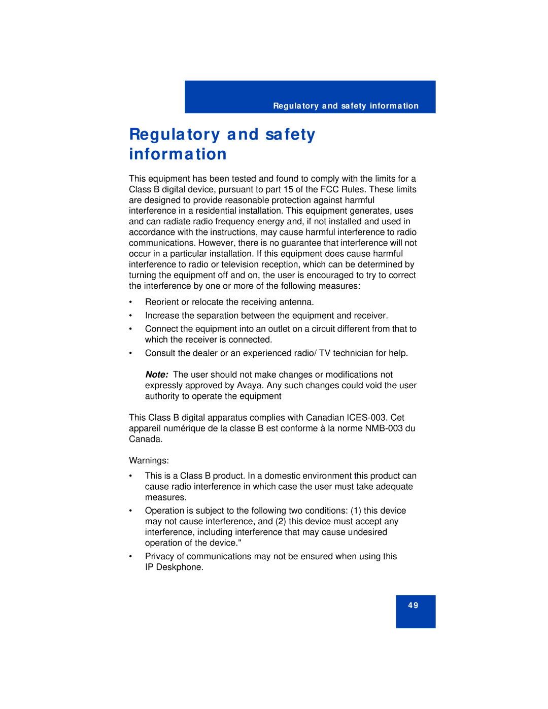 Avaya NN43113-101 manual Regulatory and safety information 