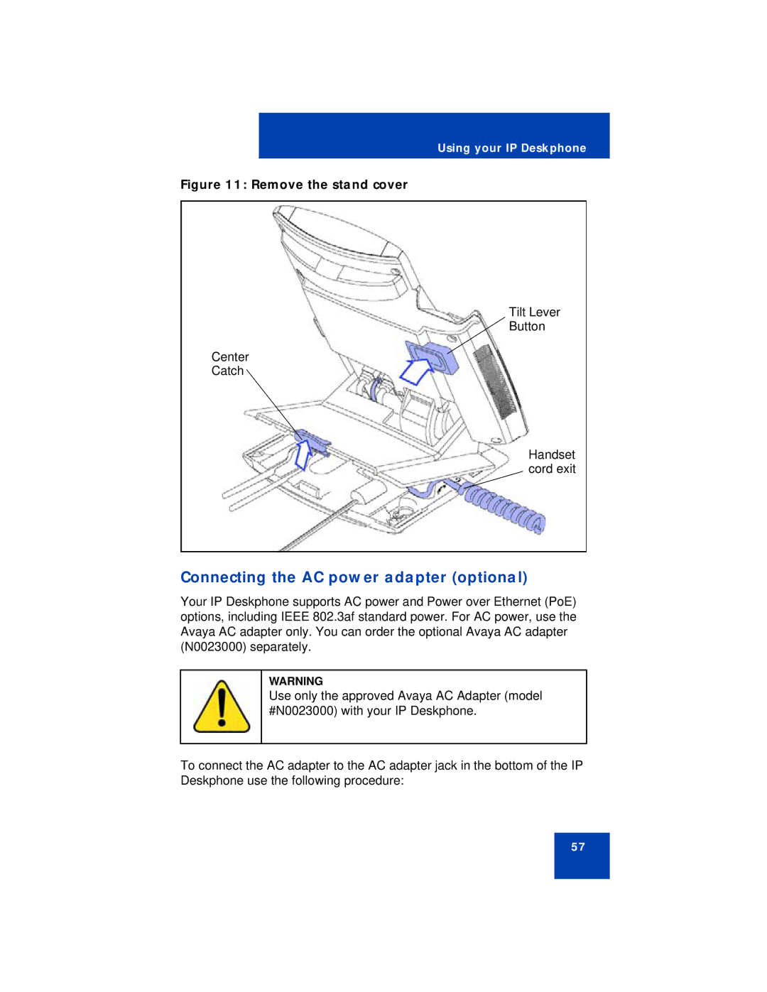 Avaya NN43113-101 manual Connecting the AC power adapter optional, Remove the stand cover 