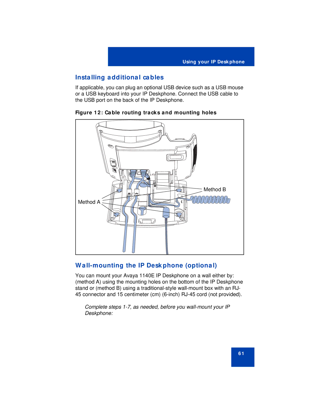 Avaya NN43113-101 manual Installing additional cables, Wall-mounting the IP Deskphone optional 