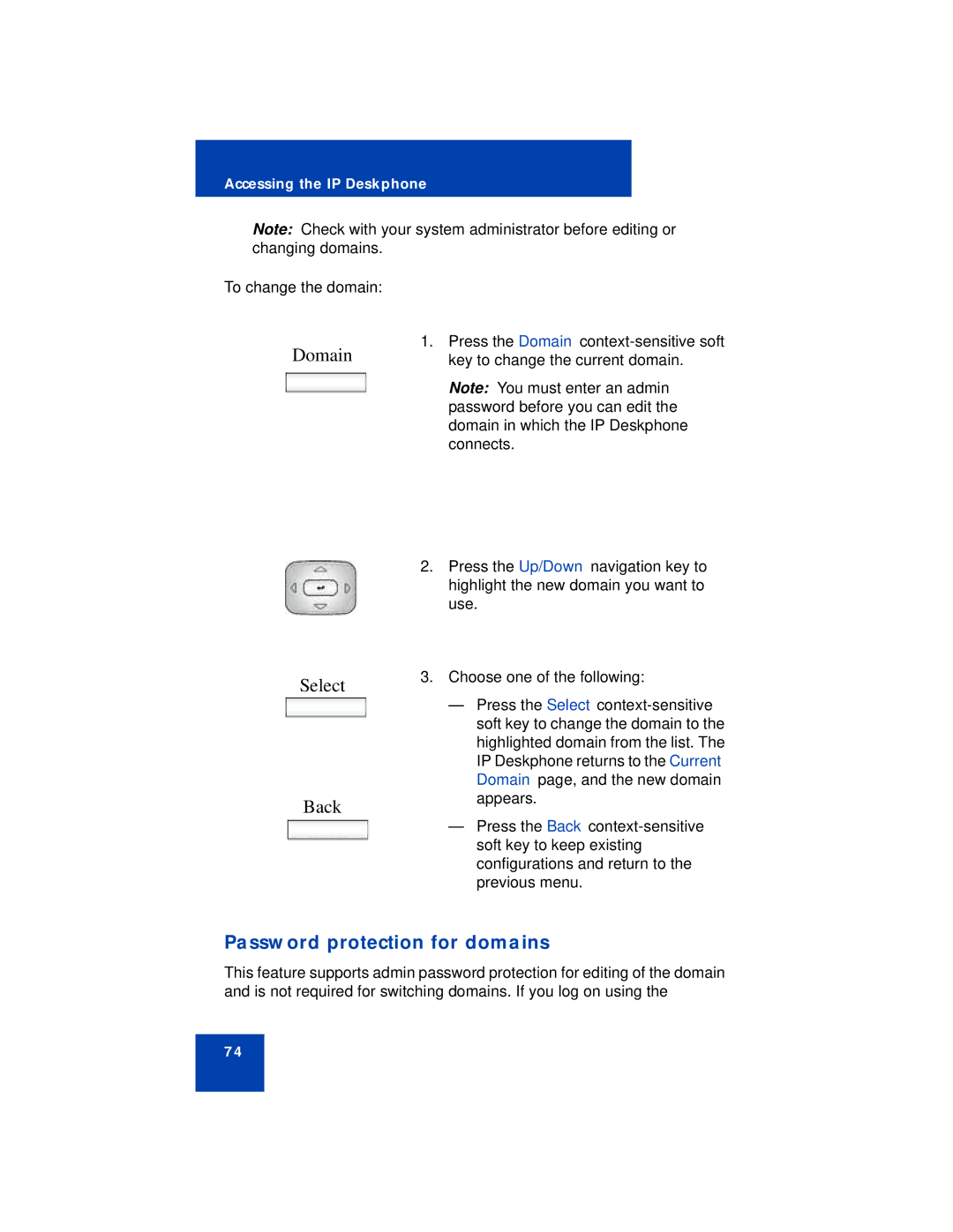 Avaya NN43113-101 manual Domain Select Back, Password protection for domains, To change the domain 