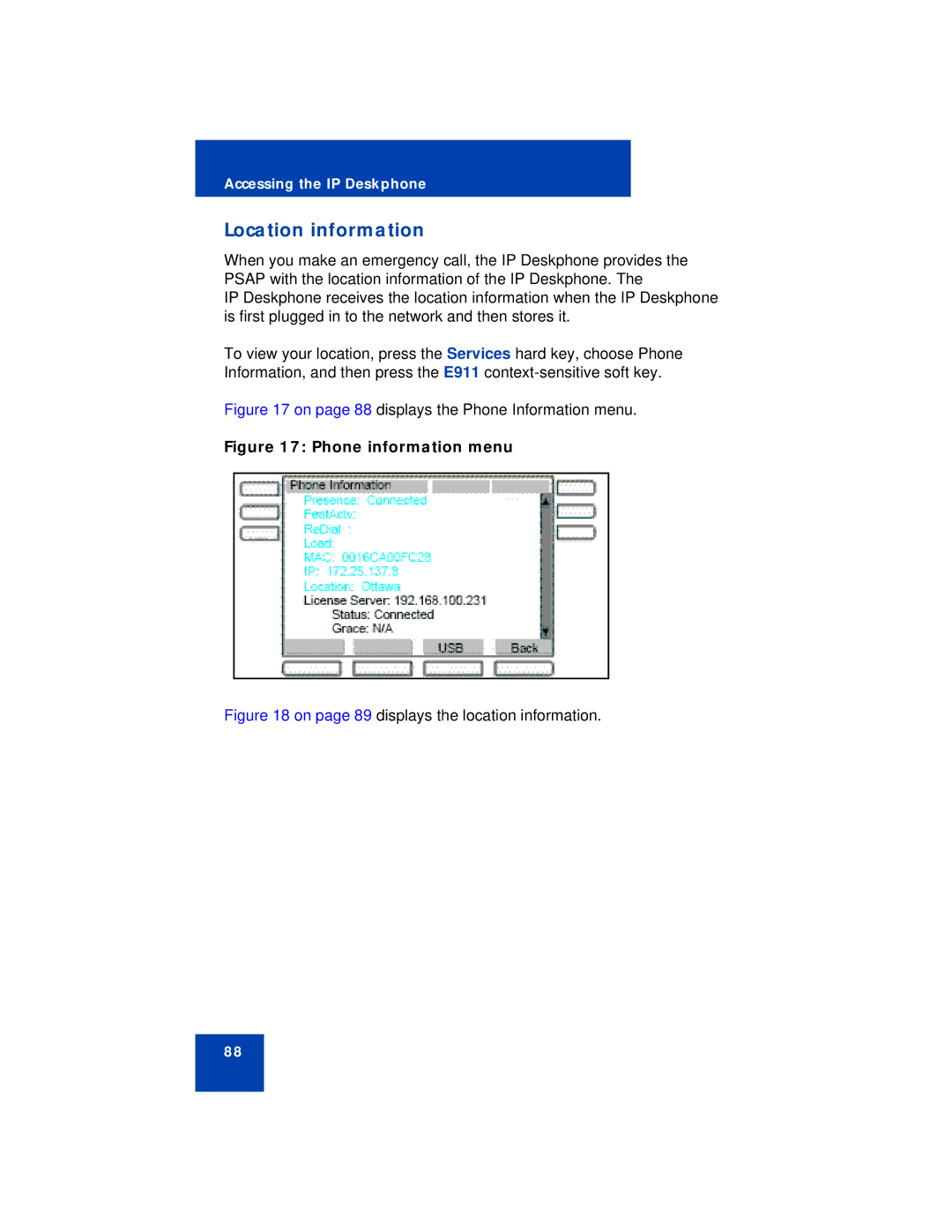 Avaya NN43113-101 manual Location information, Phone information menu 