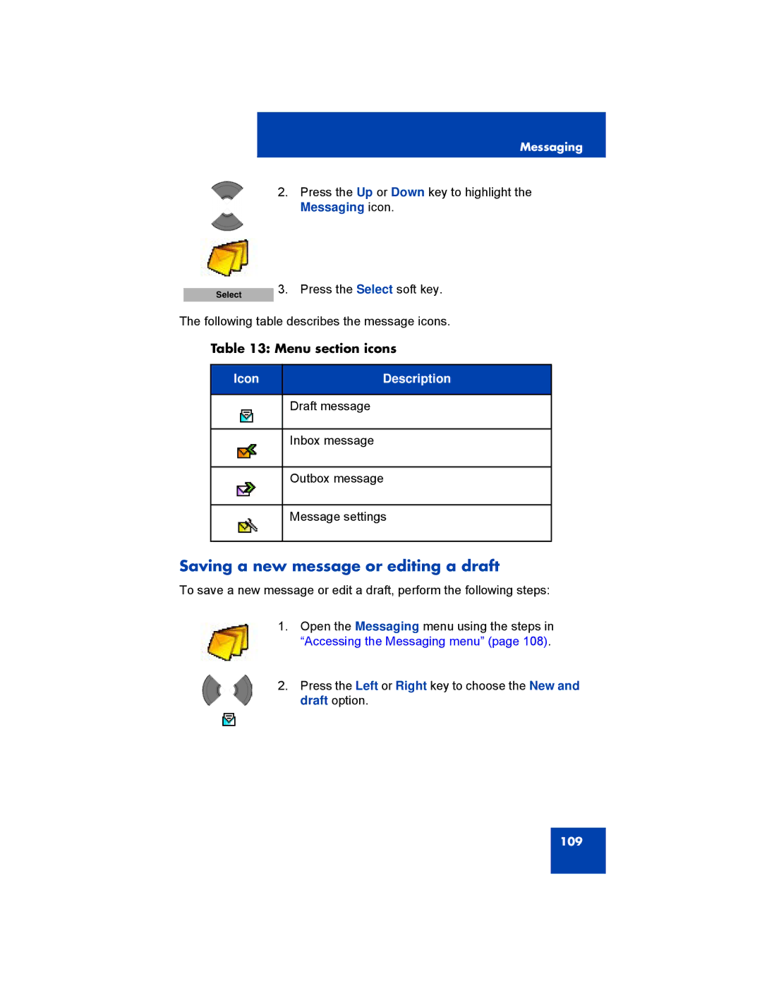 Avaya 4070, NN43120-122, 4027, 4075 manual Saving a new message or editing a draft, Menu section icons 