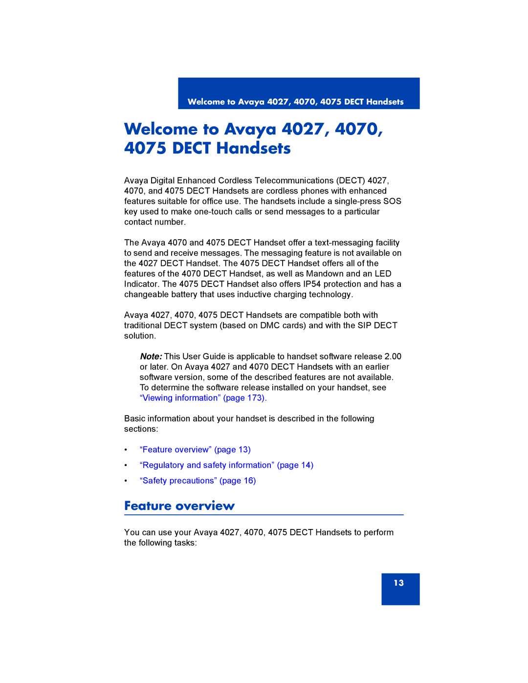 Avaya NN43120-122 manual Welcome to Avaya 4027, 4070, 4075 Dect Handsets, Feature overview 