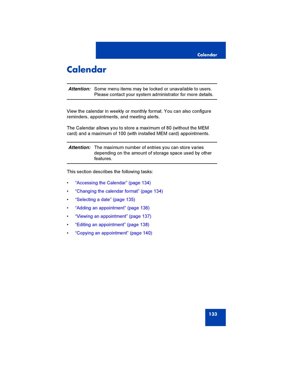 Avaya 4070, NN43120-122, 4027, 4075 manual Calendar 