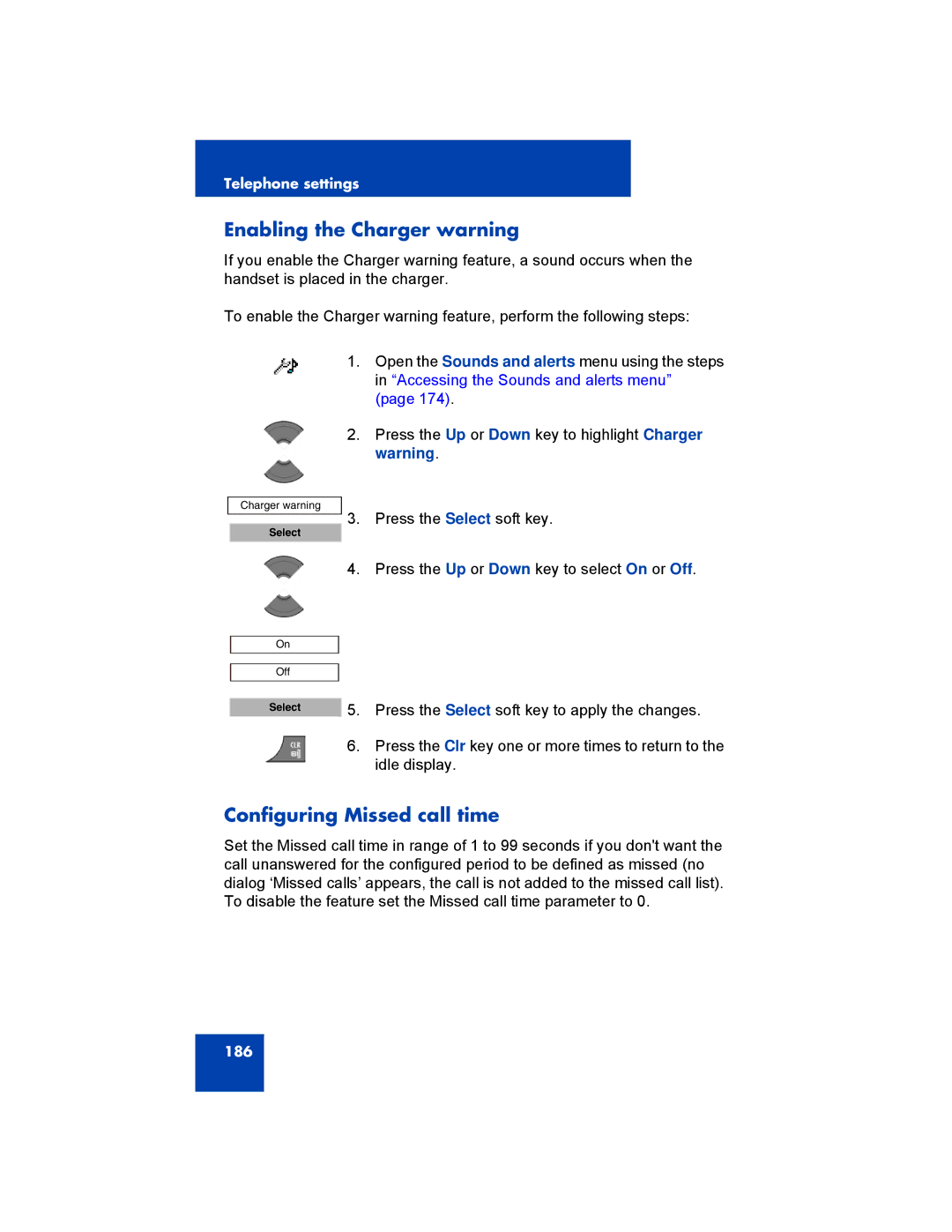 Avaya 4027, NN43120-122, 4070, 4075 manual Enabling the Charger warning, Configuring Missed call time 