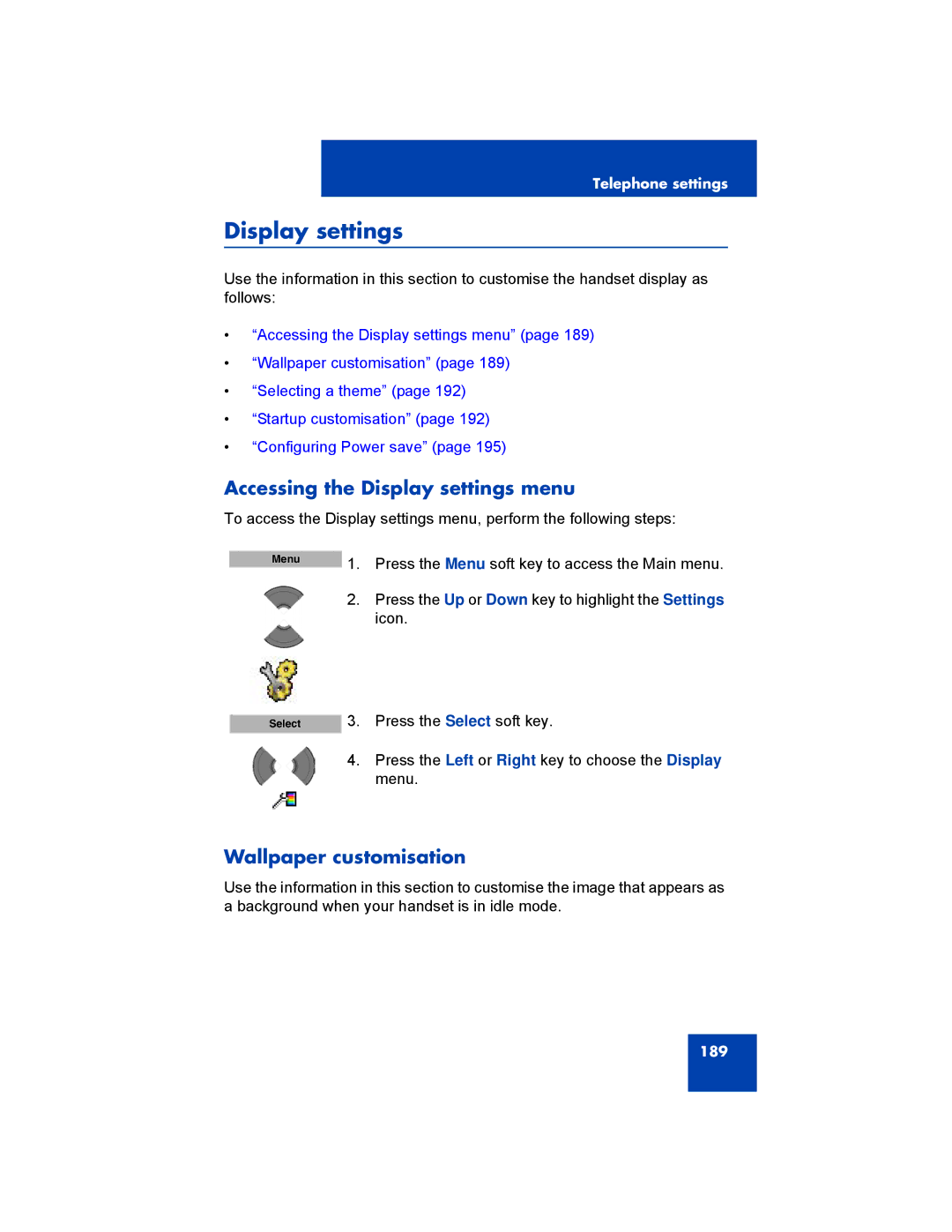 Avaya 4070, NN43120-122, 4027, 4075 manual Accessing the Display settings menu, Wallpaper customisation 