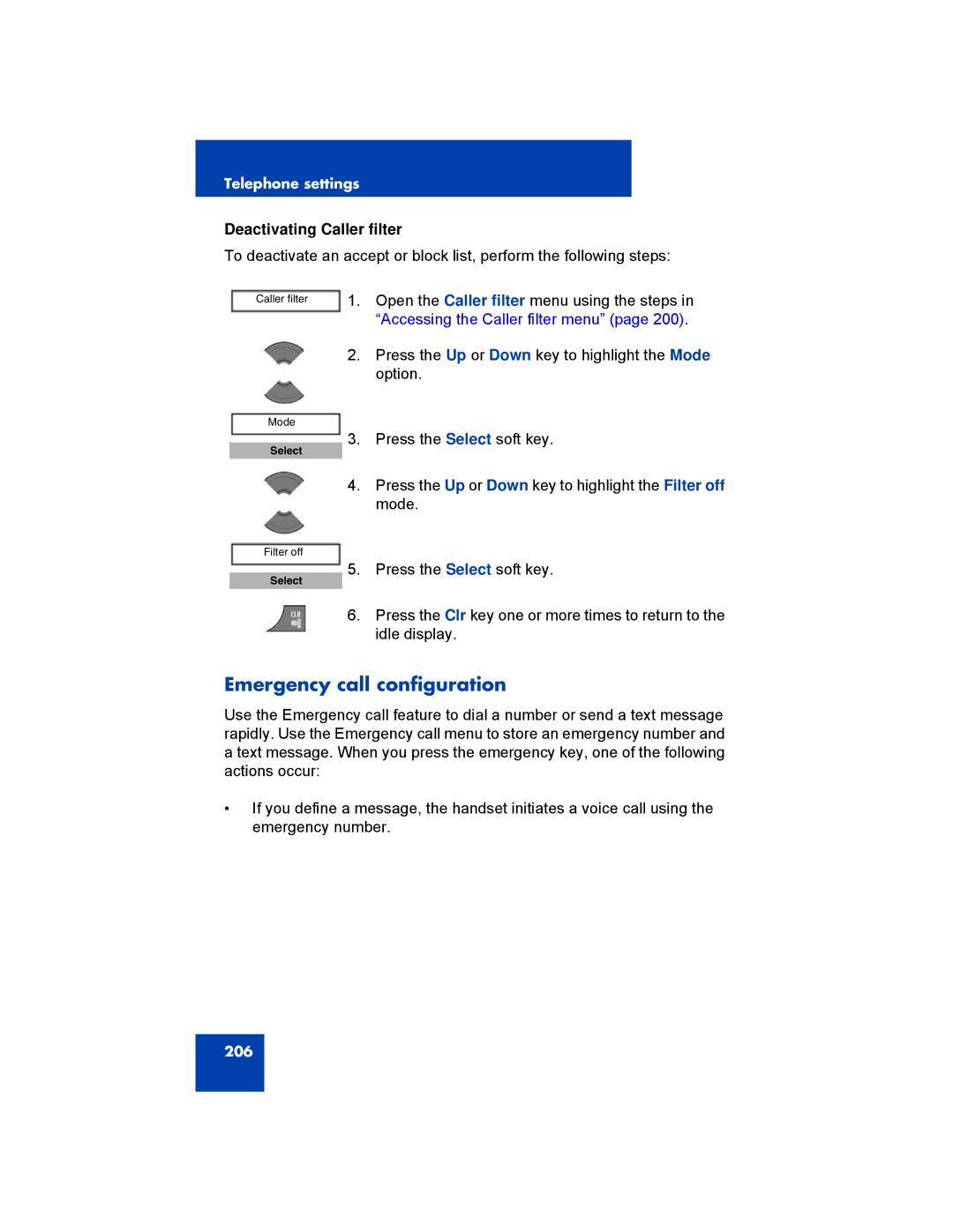 Avaya 4027, NN43120-122, 4070, 4075 manual Emergency call configuration, Deactivating Caller filter 