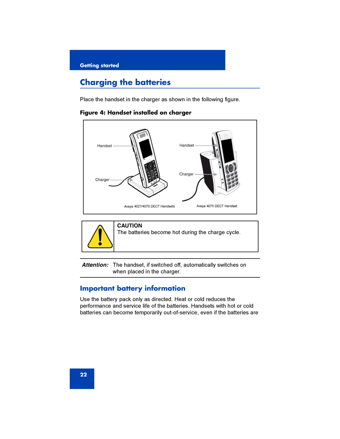 Avaya 4027, NN43120-122, 4070, 4075 manual Charging the batteries, Important battery information 