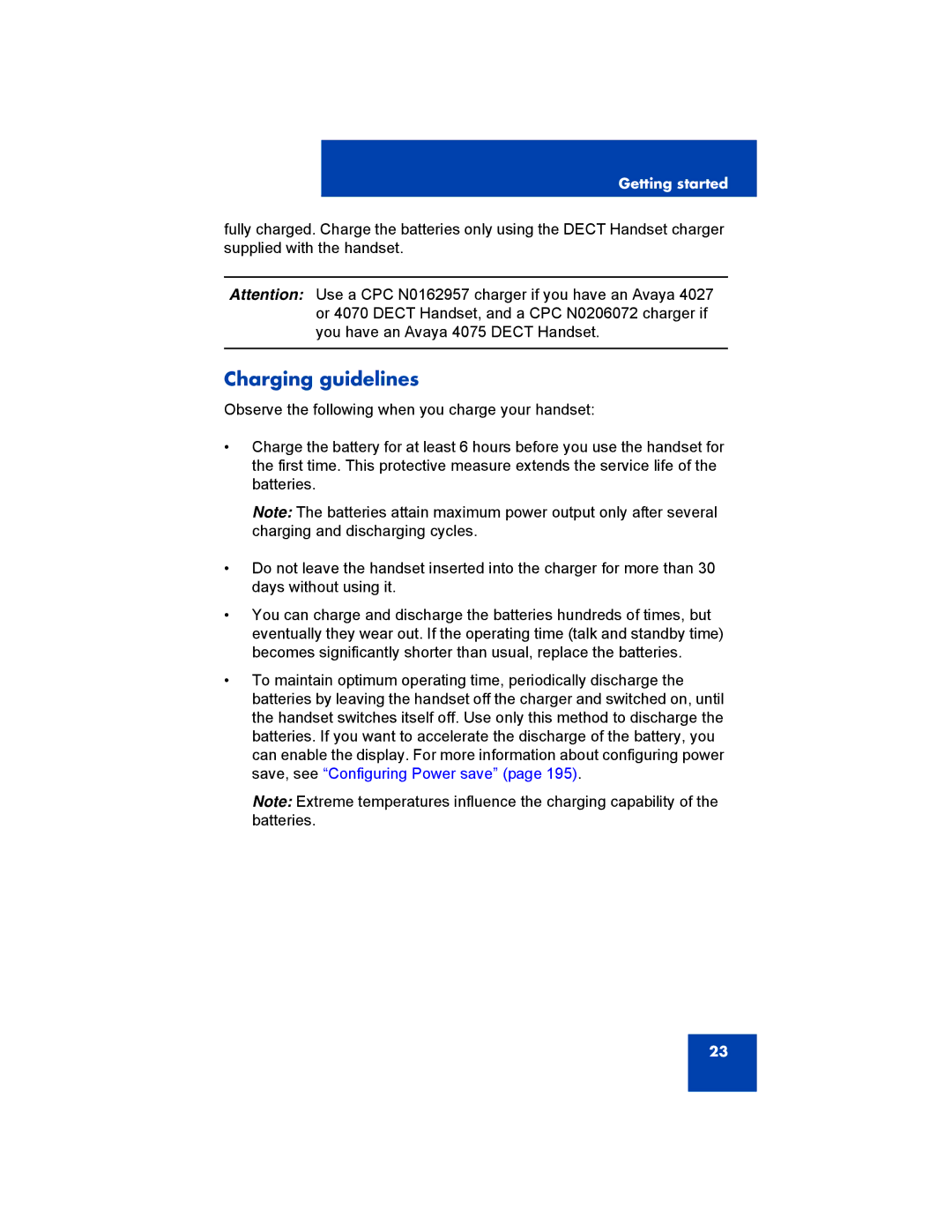 Avaya 4075, NN43120-122, 4070, 4027 manual Charging guidelines 