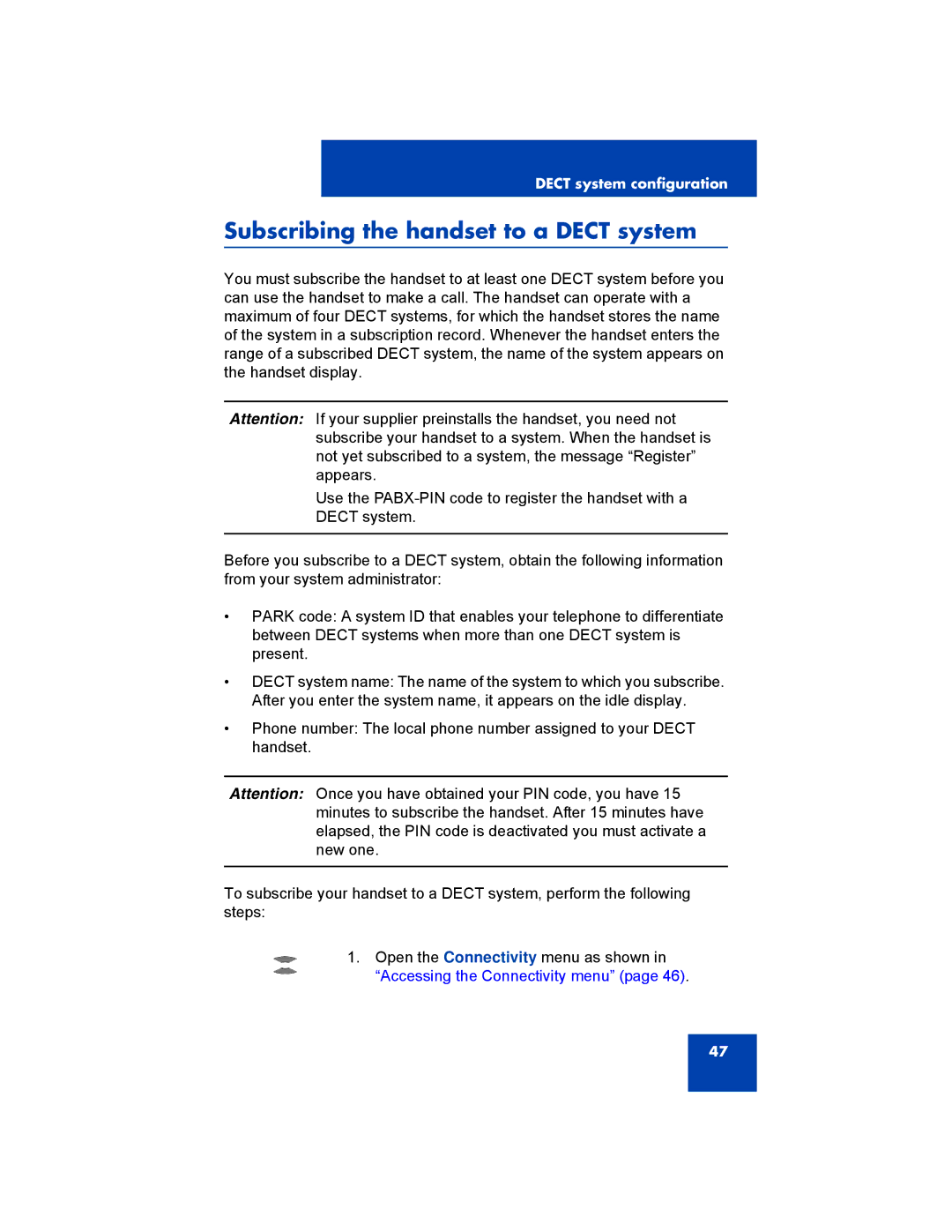 Avaya 4075, NN43120-122, 4070, 4027 manual Subscribing the handset to a Dect system 