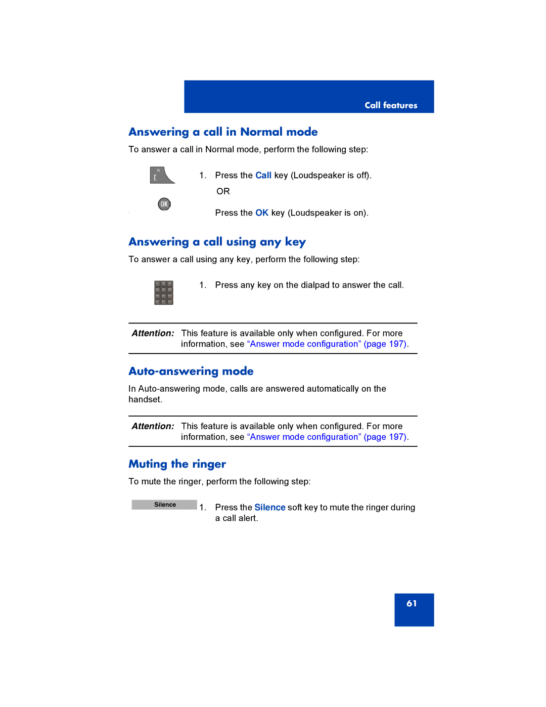 Avaya 4070, 4027 Answering a call in Normal mode, Answering a call using any key, Auto-answering mode, Muting the ringer 