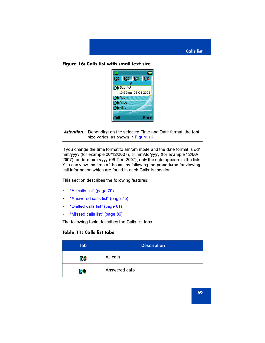 Avaya 4070, NN43120-122, 4027, 4075 manual Calls list with small text size, Calls list tabs 