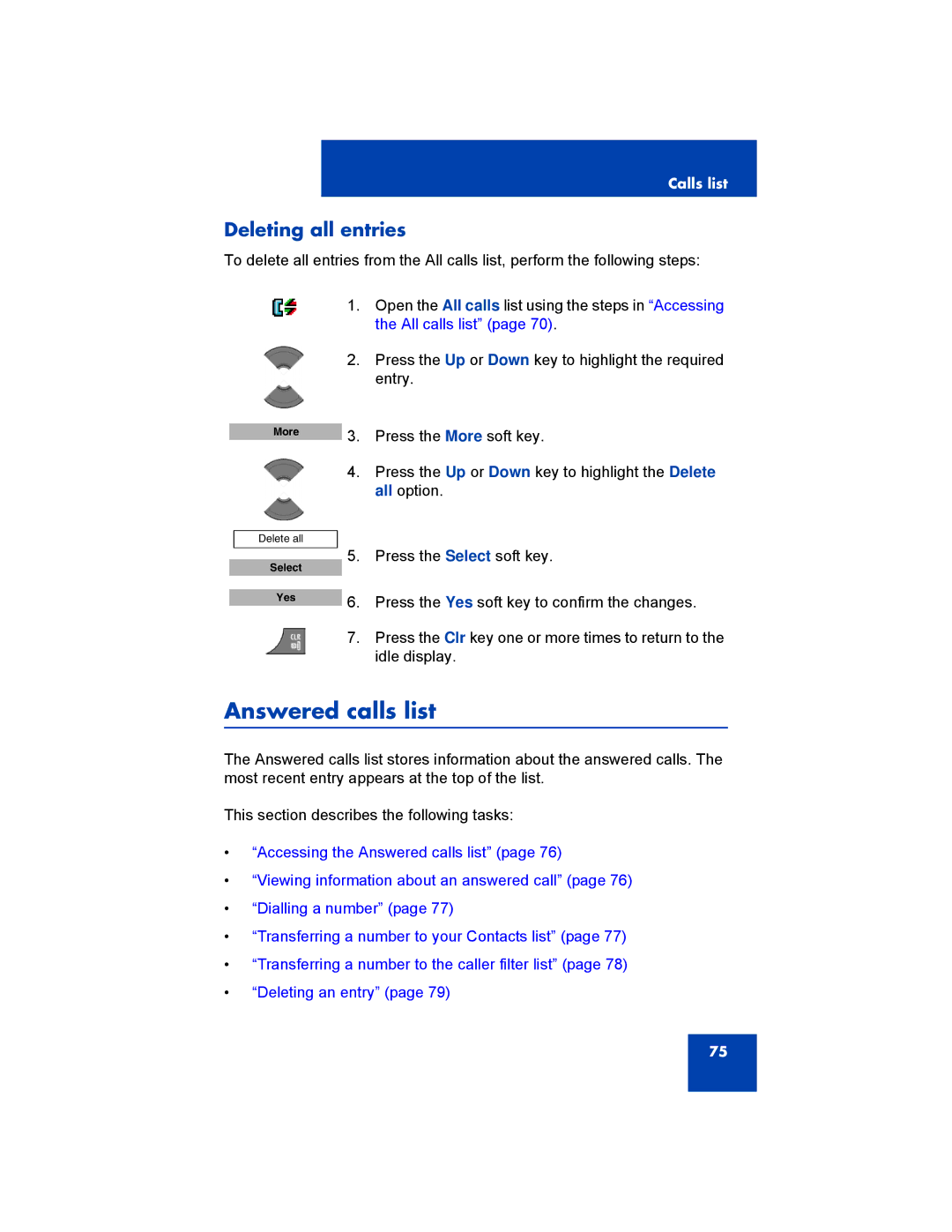 Avaya 4075, NN43120-122, 4070, 4027 manual Answered calls list, Deleting all entries 