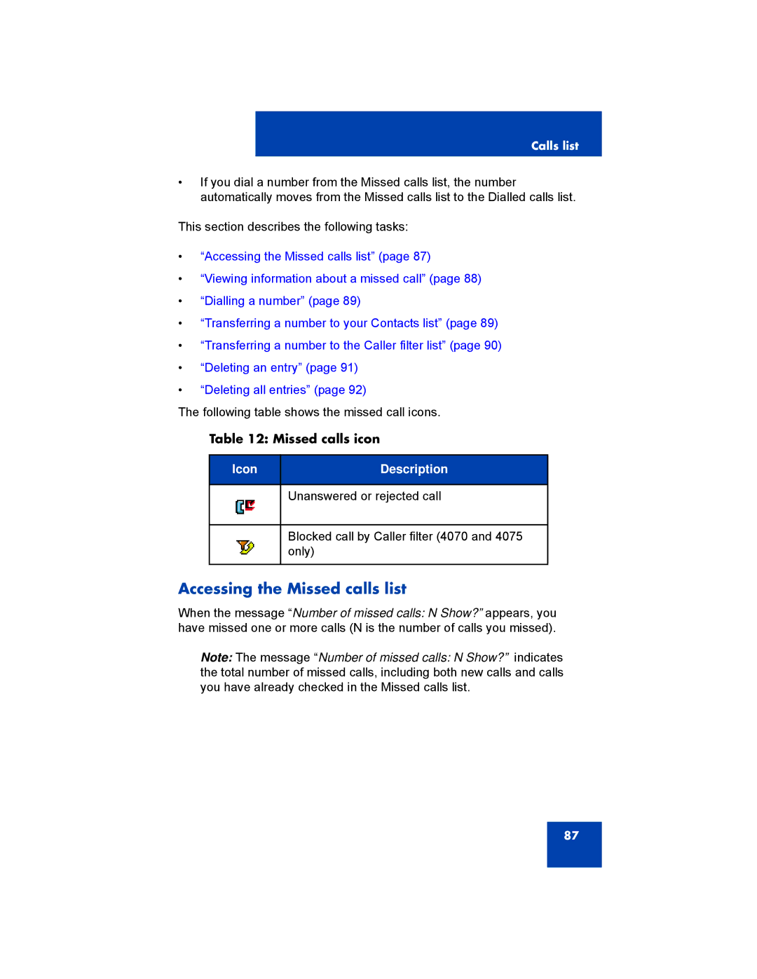 Avaya 4075, NN43120-122, 4070, 4027 manual Accessing the Missed calls list, Missed calls icon 