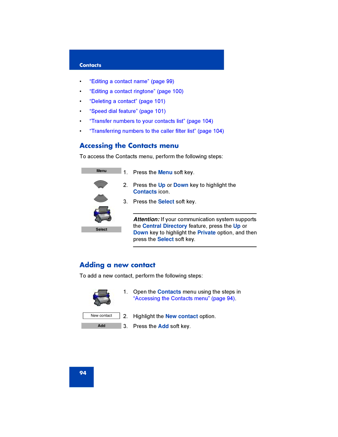 Avaya 4027, NN43120-122, 4070, 4075 manual Accessing the Contacts menu, Adding a new contact 