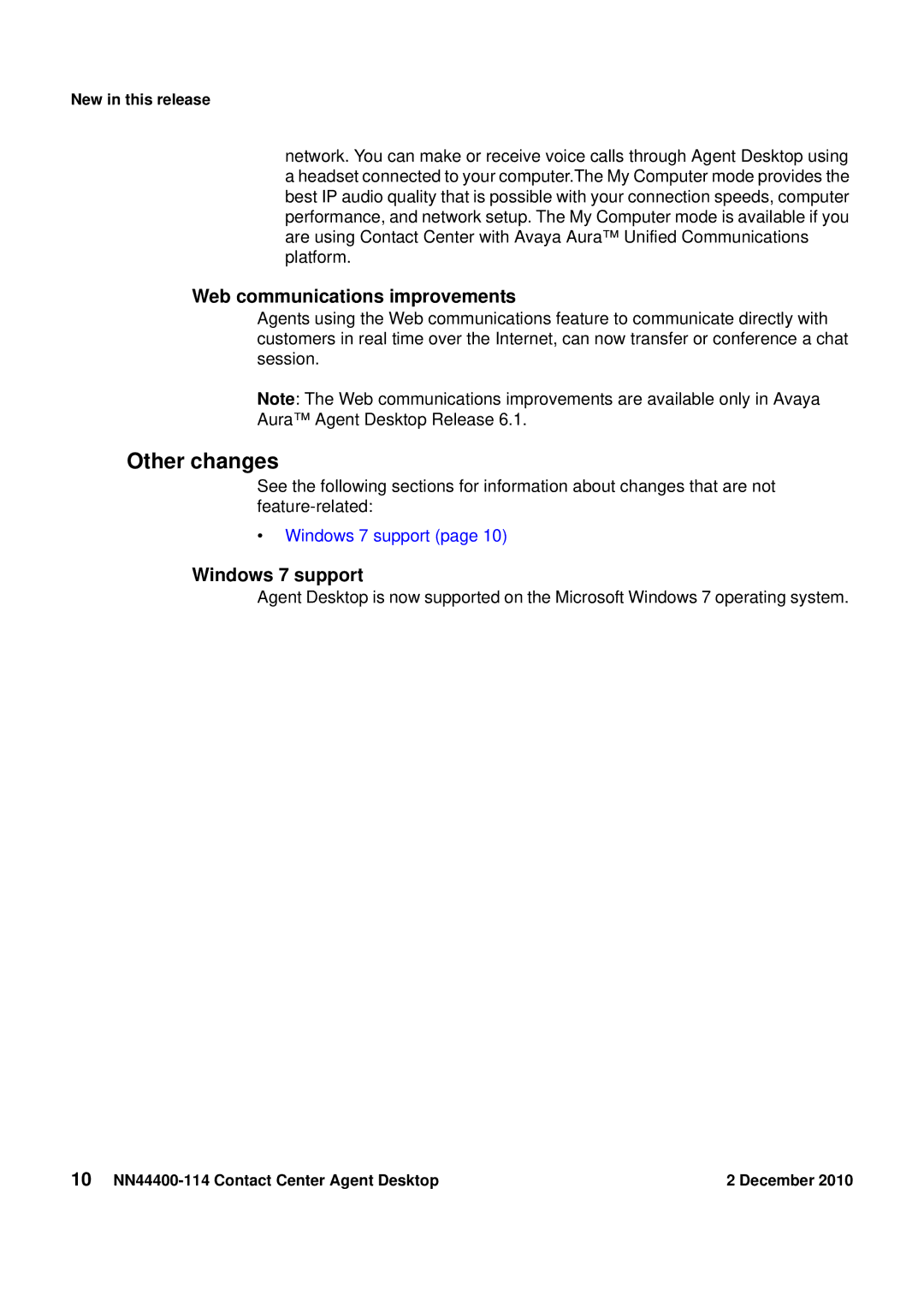 Avaya manual Other changes, 10 NN44400-114 Contact Center Agent Desktop December 
