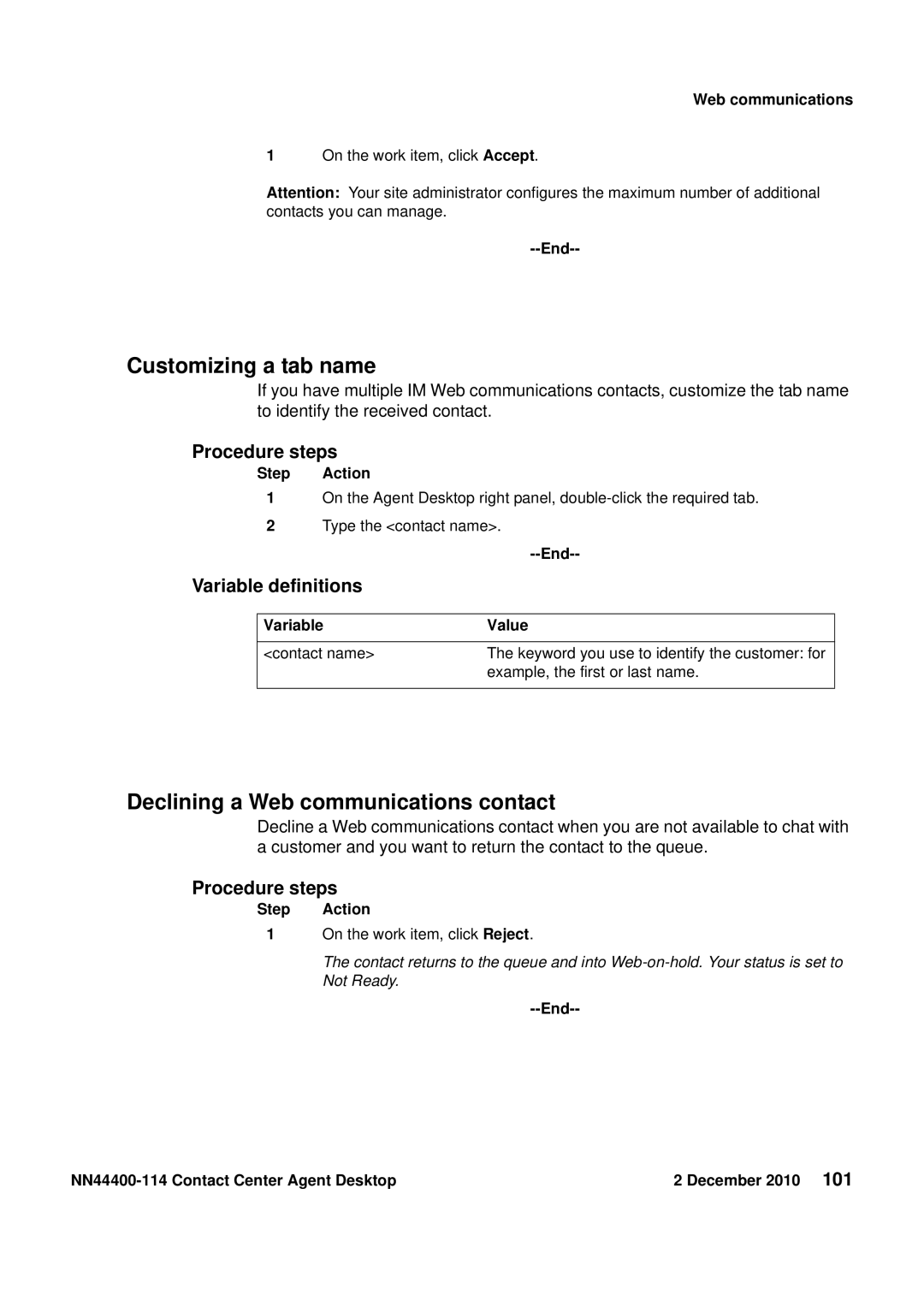 Avaya NN44400-114 manual Customizing a tab name, Declining a Web communications contact 