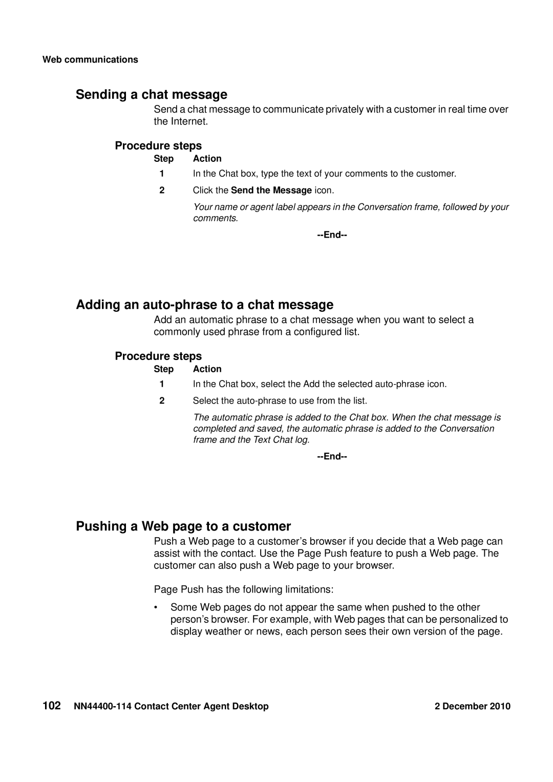 Avaya NN44400-114 manual Sending a chat message, Adding an auto-phrase to a chat message, Pushing a Web page to a customer 