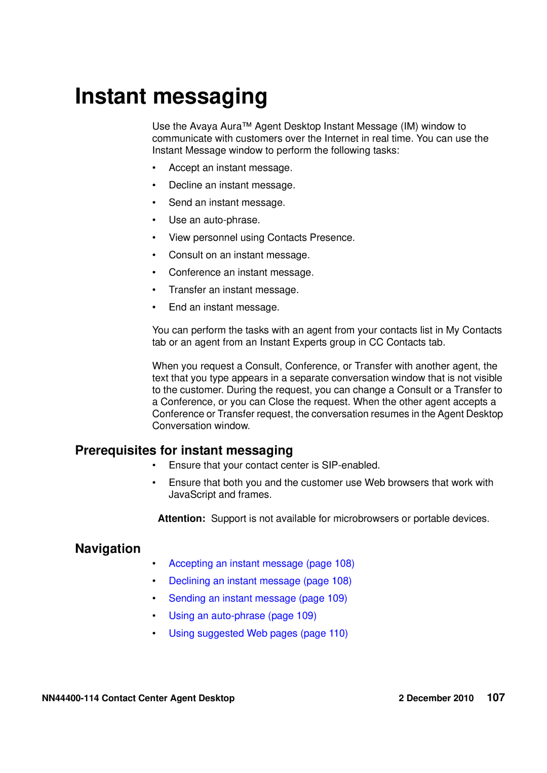 Avaya NN44400-114 manual Instant messaging, Prerequisites for instant messaging 