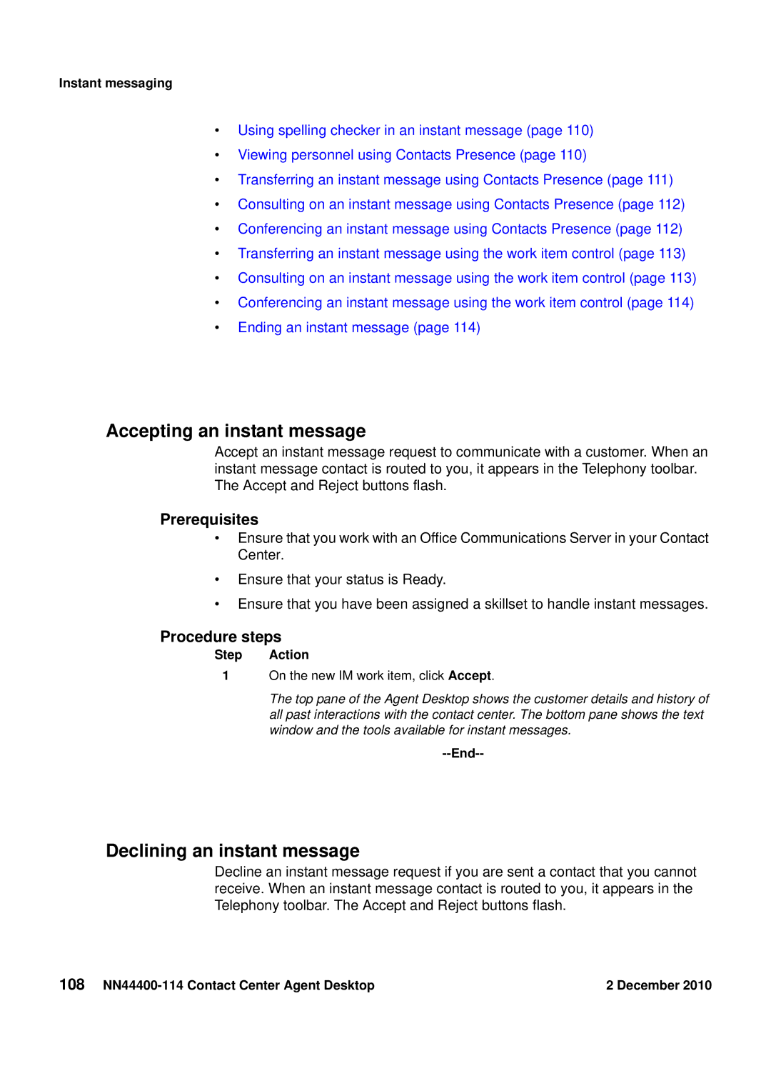 Avaya NN44400-114 manual Accepting an instant message, Declining an instant message, Instant messaging 