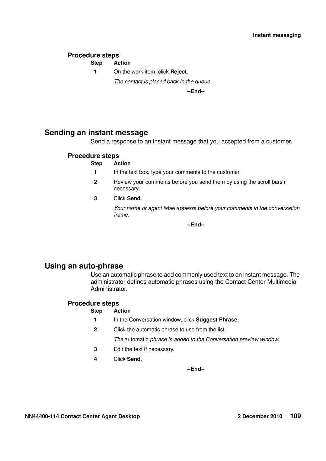 Avaya NN44400-114 manual Sending an instant message, Using an auto-phrase 