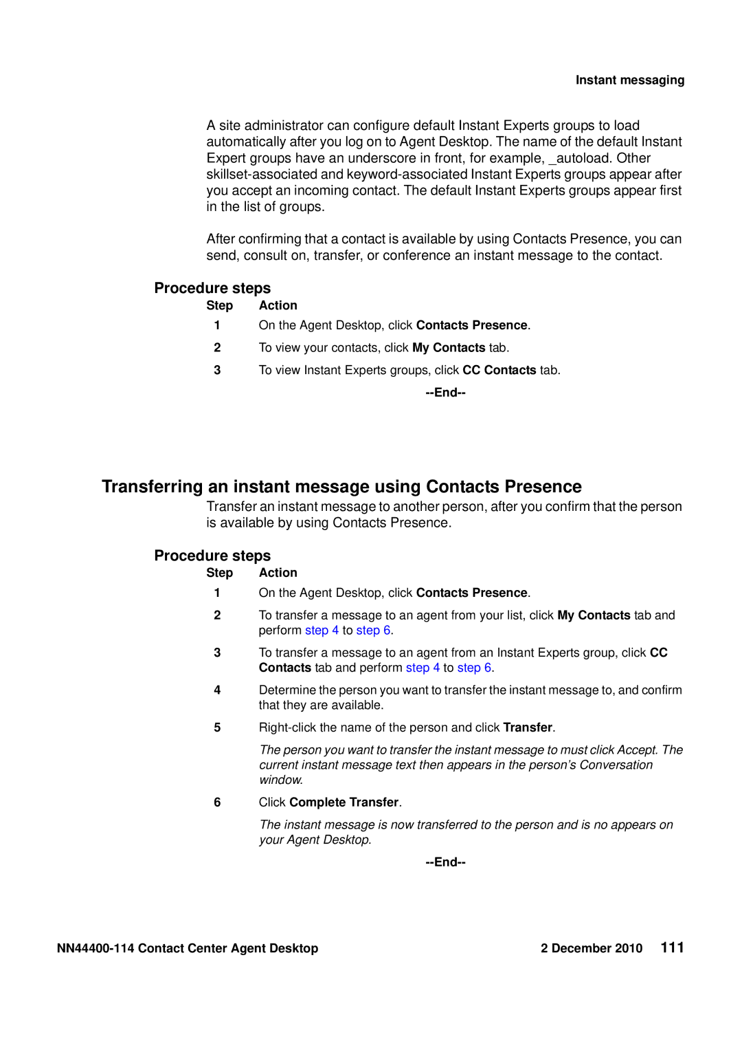 Avaya NN44400-114 manual Transferring an instant message using Contacts Presence, Click Complete Transfer 