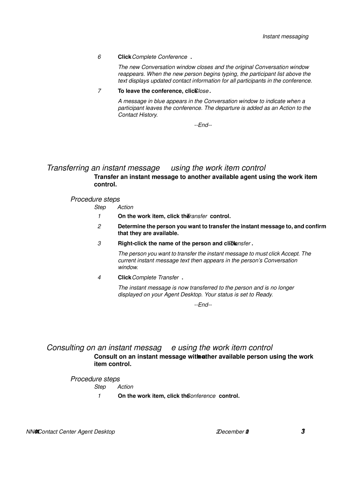 Avaya NN44400-114 Transferring an instant message using the work item control, Instant messaging Click Complete Conference 